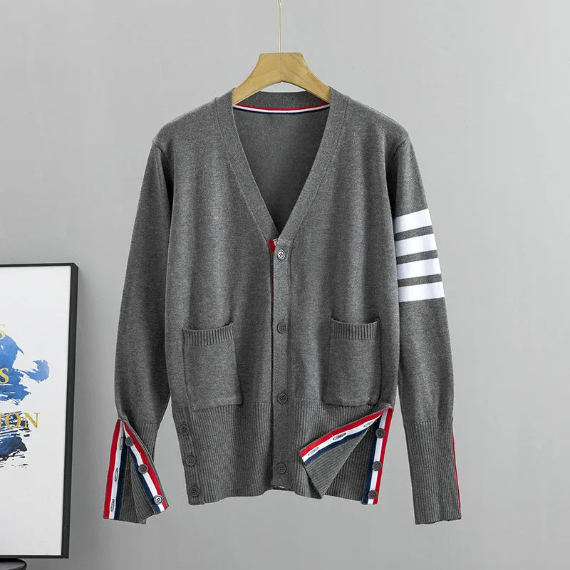 GBOLSOS Four bars striped men and women couple jacket spring and autumn TB loose and versatile early autumn college style large size knitted cardigan