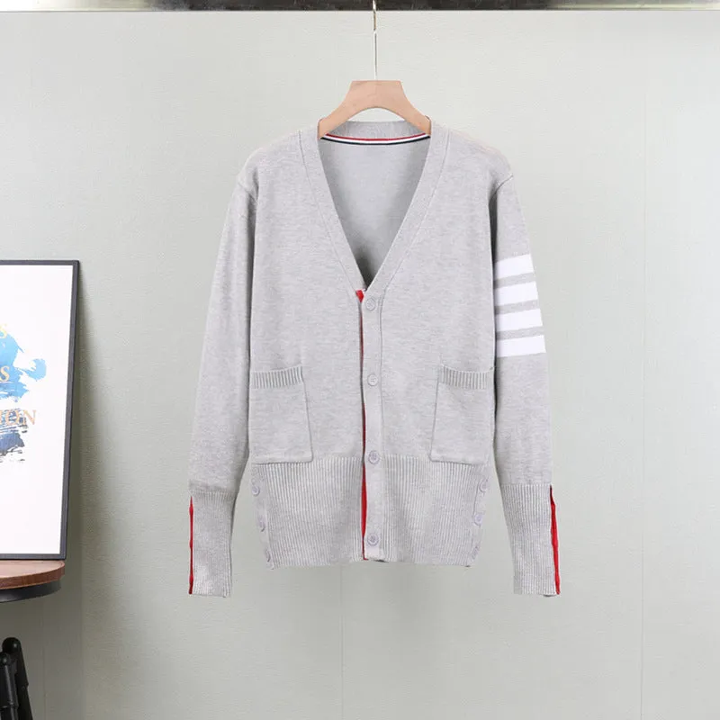 GBOLSOS Four bars striped men and women couple jacket spring and autumn TB loose and versatile early autumn college style large size knitted cardigan