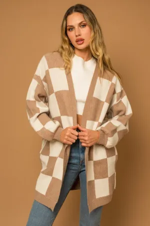 Gilli Taupe Checker Graphic Sweater Cardigan