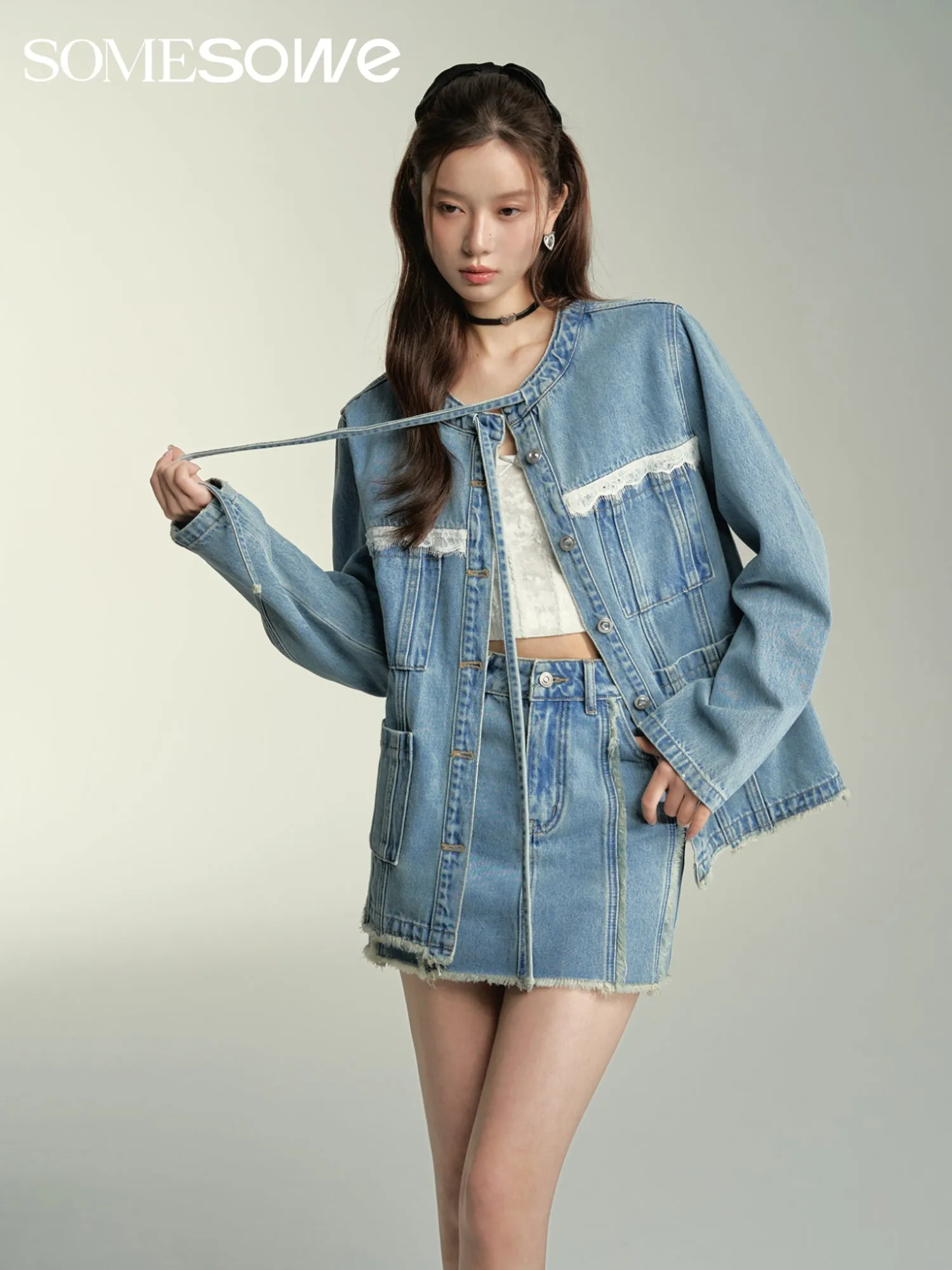 Lace Denim Jacket In Blue