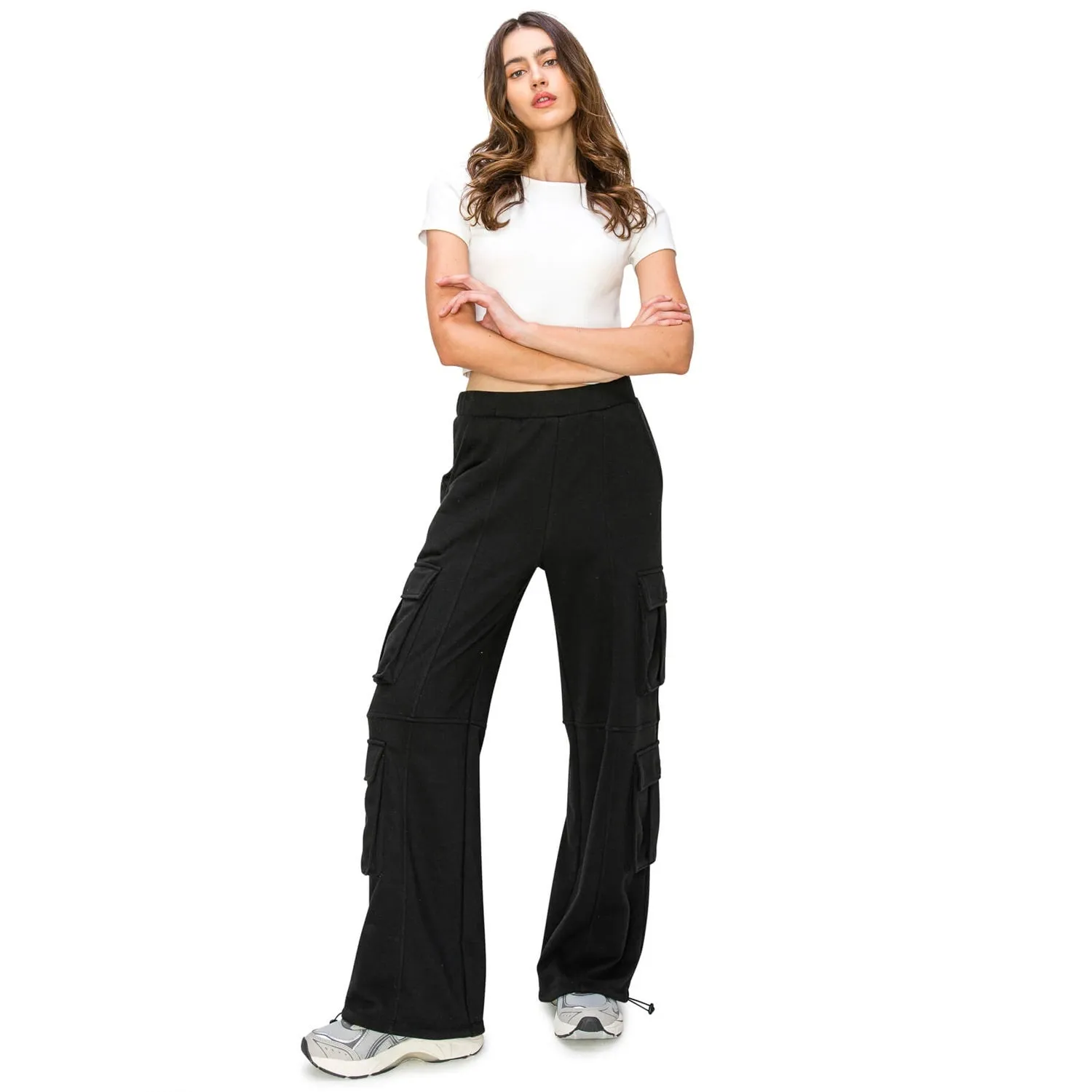 Lazy Sunday Wide Leg Cargo Sweatpants - Black
