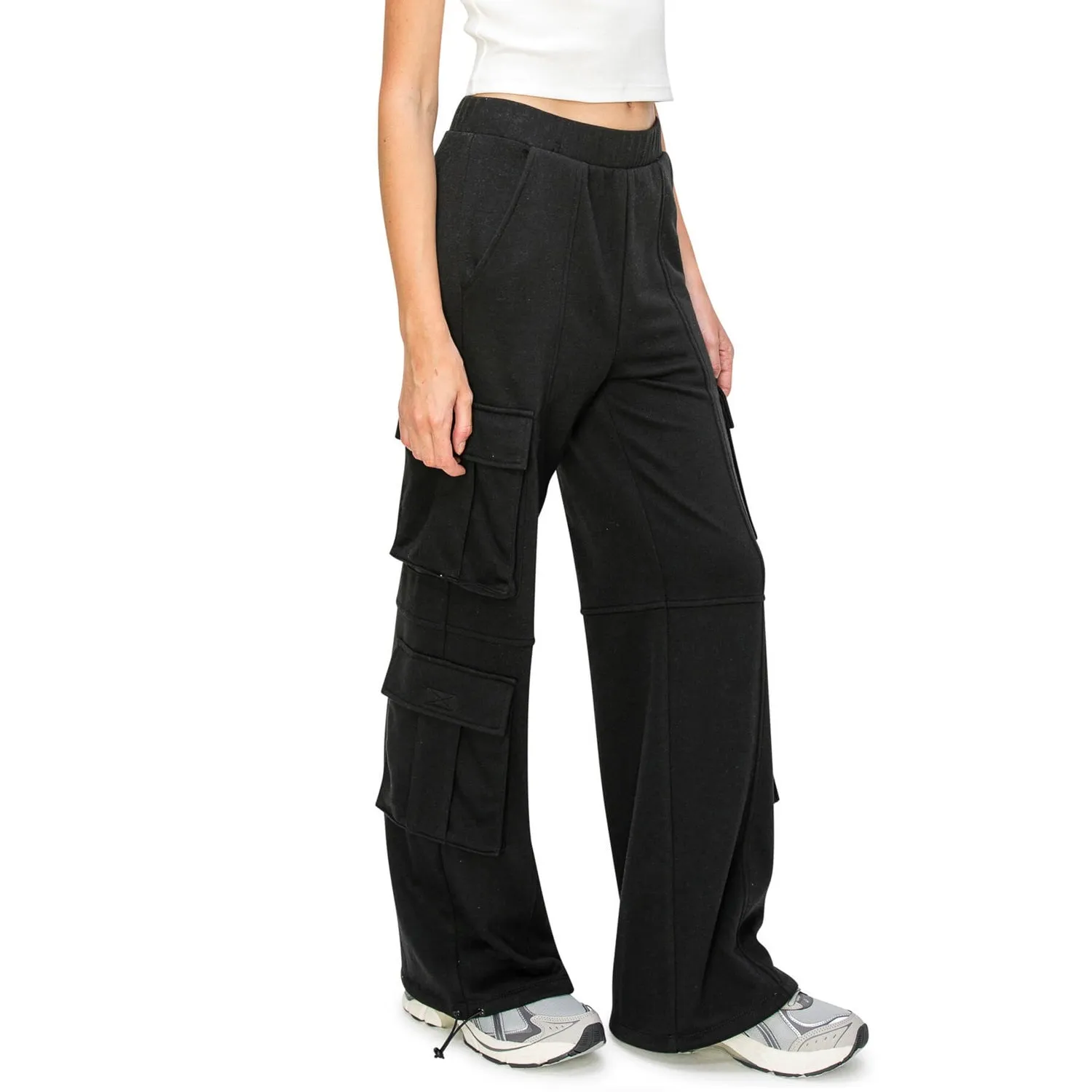 Lazy Sunday Wide Leg Cargo Sweatpants - Black