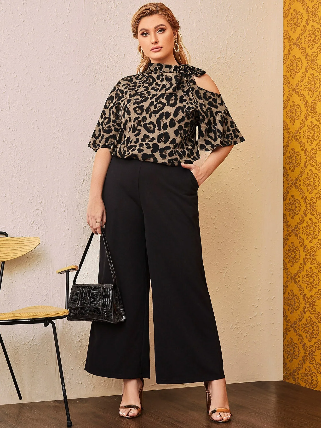 Leopard Ruffle Half Sleeve Tie Neck Regular Plus Size Blouse