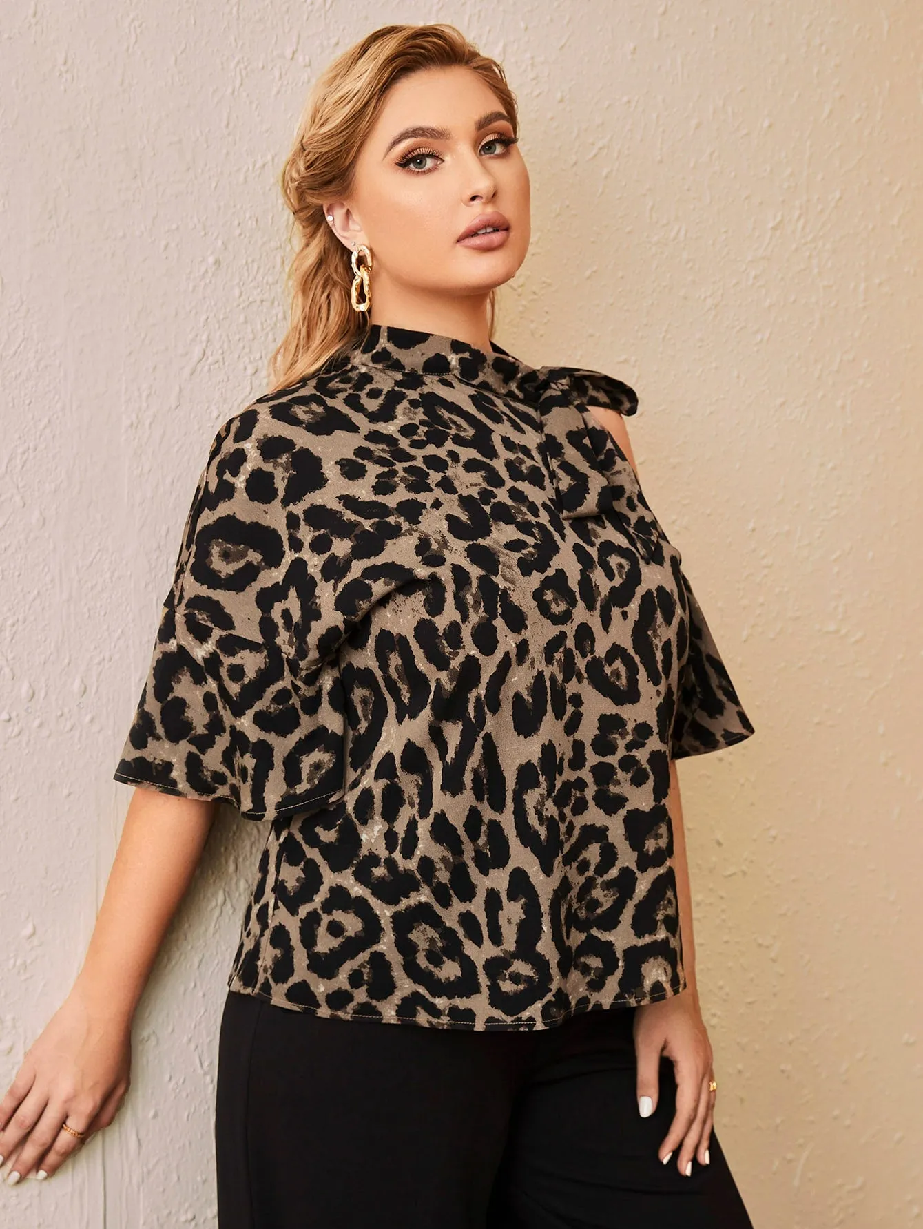 Leopard Ruffle Half Sleeve Tie Neck Regular Plus Size Blouse