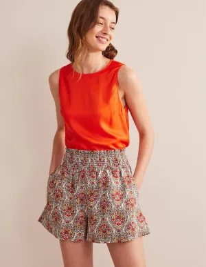 Linen Shirred Waist Shorts-Multi, Vine Terrace
