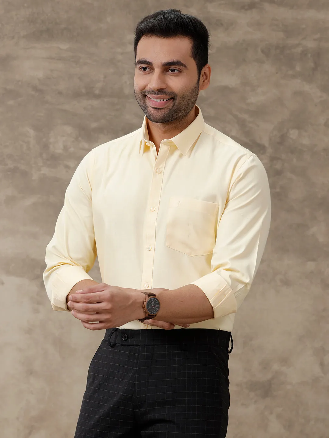 Men Cotton Blend Shirt Light Yellow T40 TP5