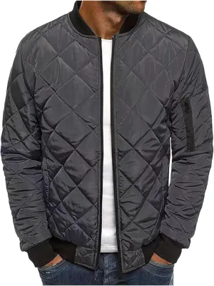 Mens Bomber Jacket Diamond Quilted Jackets Lightweight Varsity Winter Coat Warm Zip Up Cotton Padded Coats Outerwear