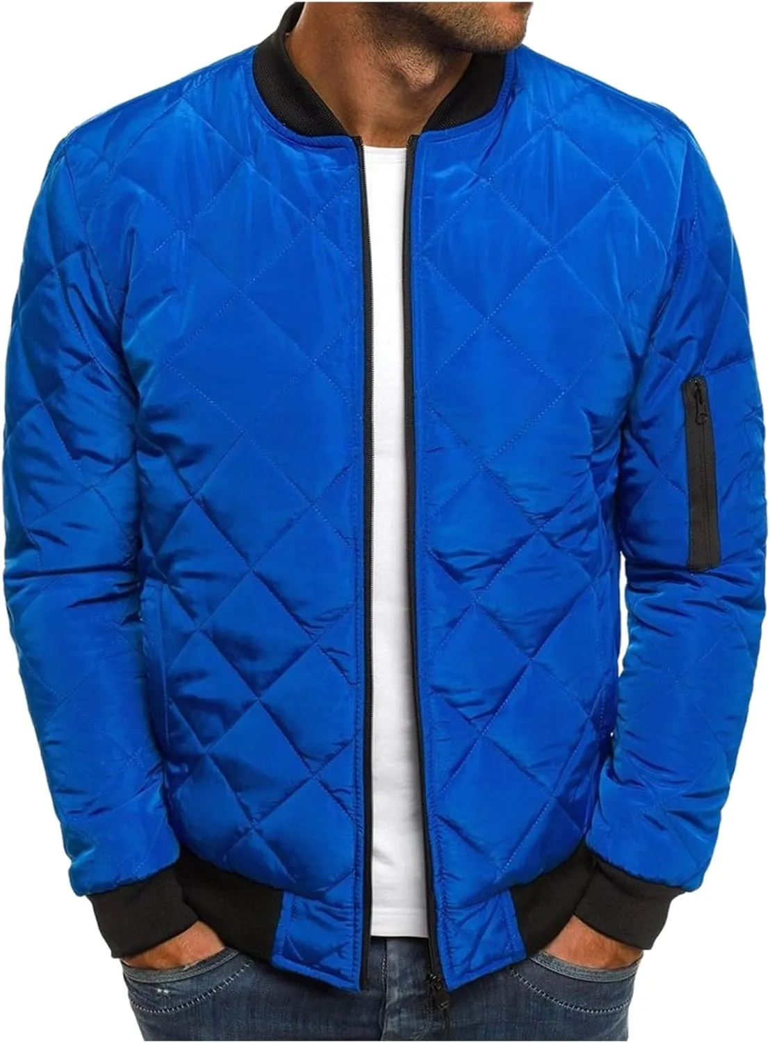Mens Bomber Jacket Diamond Quilted Jackets Lightweight Varsity Winter Coat Warm Zip Up Cotton Padded Coats Outerwear