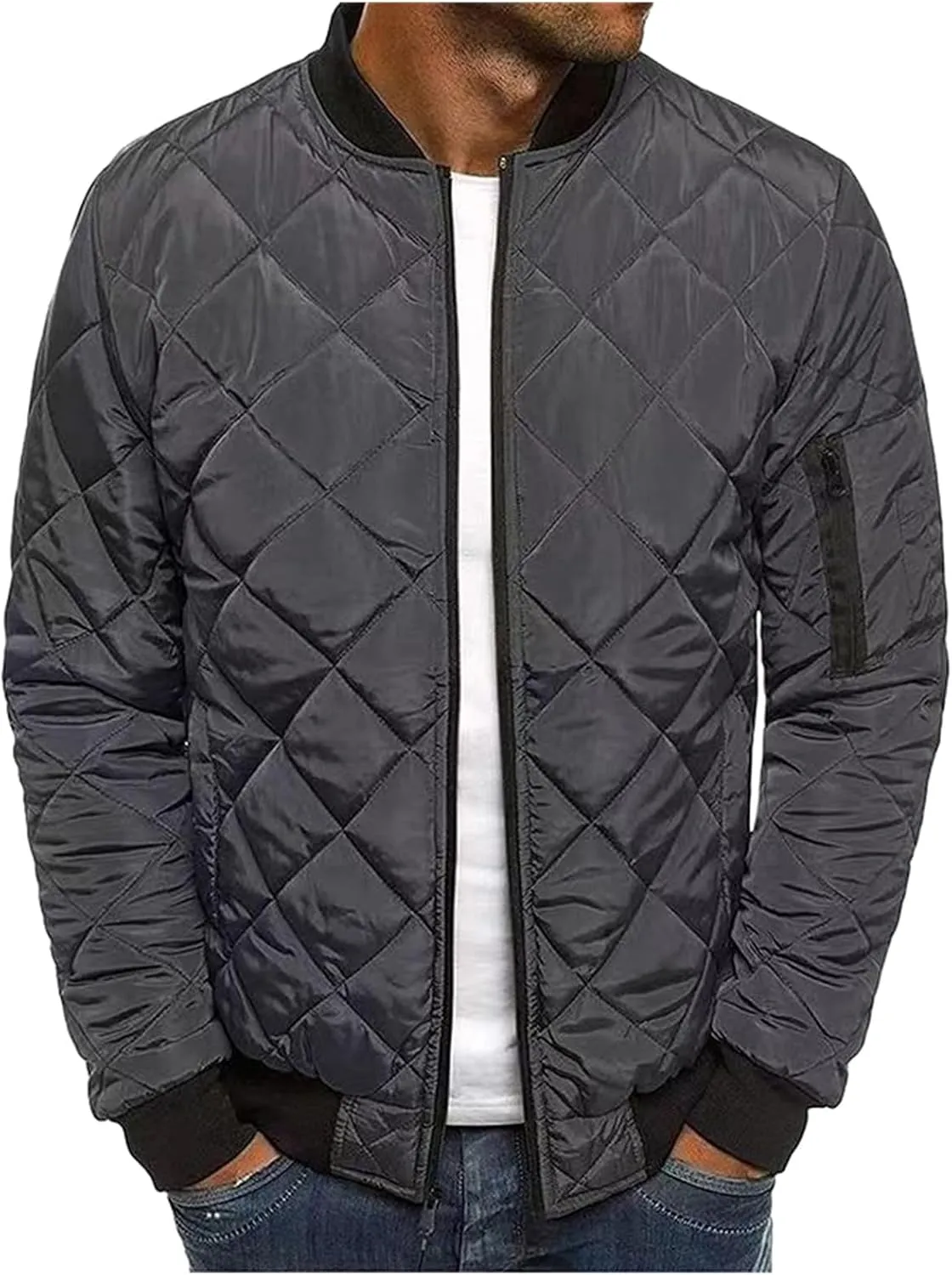 Mens Bomber Jacket Diamond Quilted Jackets Lightweight Varsity Winter Coat Warm Zip Up Cotton Padded Coats Outerwear