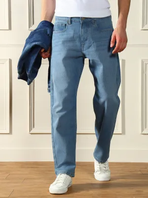 Men's Light Blue Relaxed Fit Mid-Rise Medium Shade Clean Look Jeans