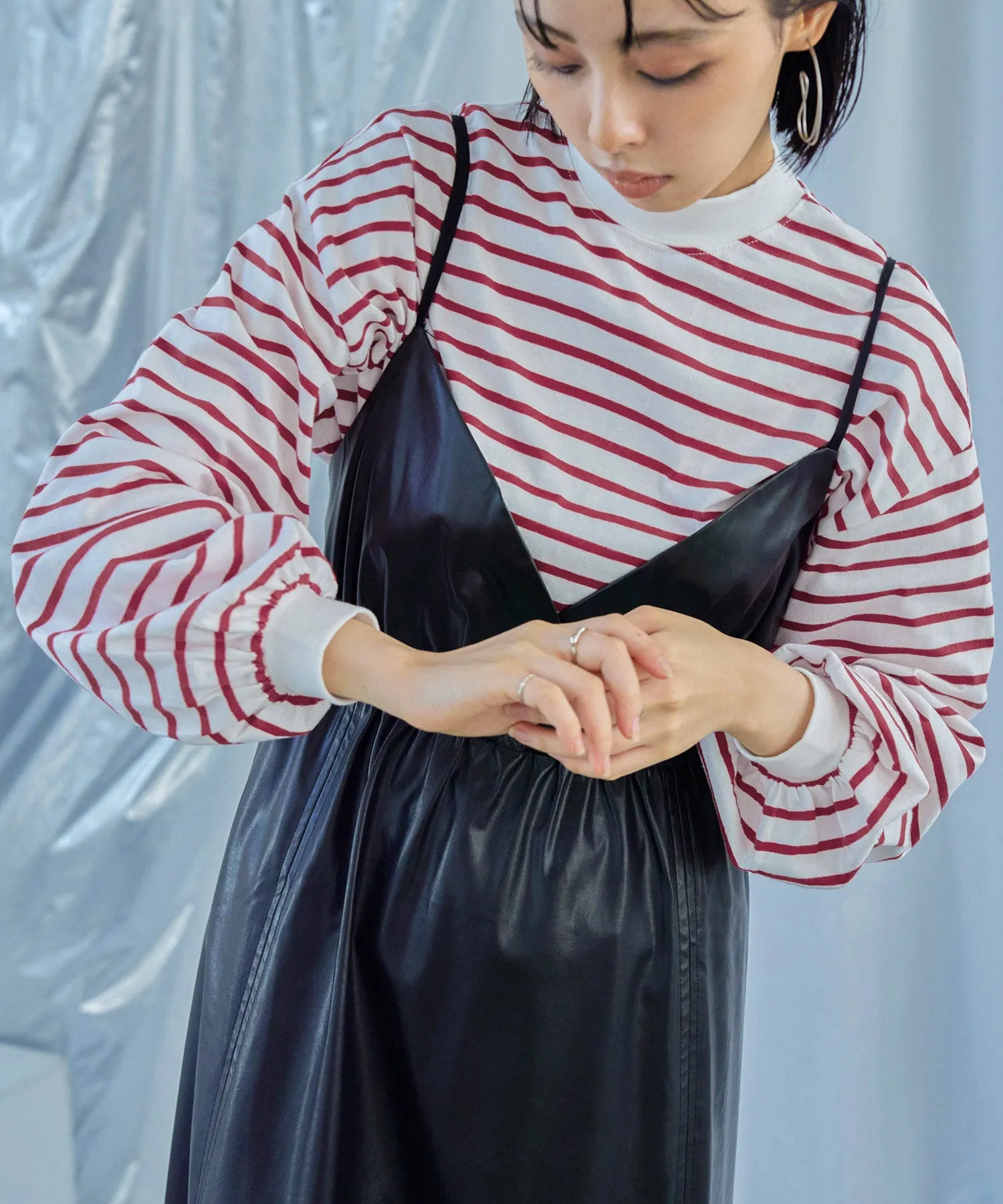 Mock Neck Volume Sleeve Striped Tops