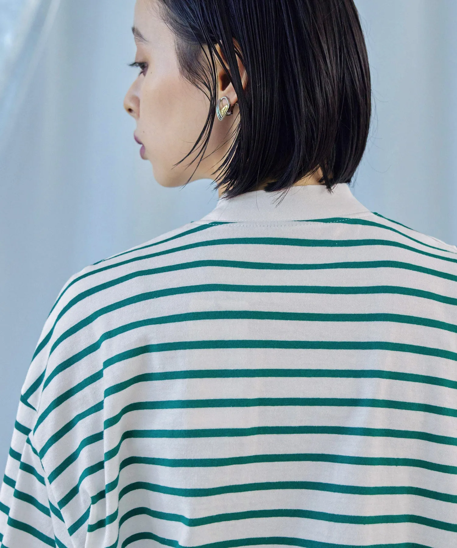 Mock Neck Volume Sleeve Striped Tops