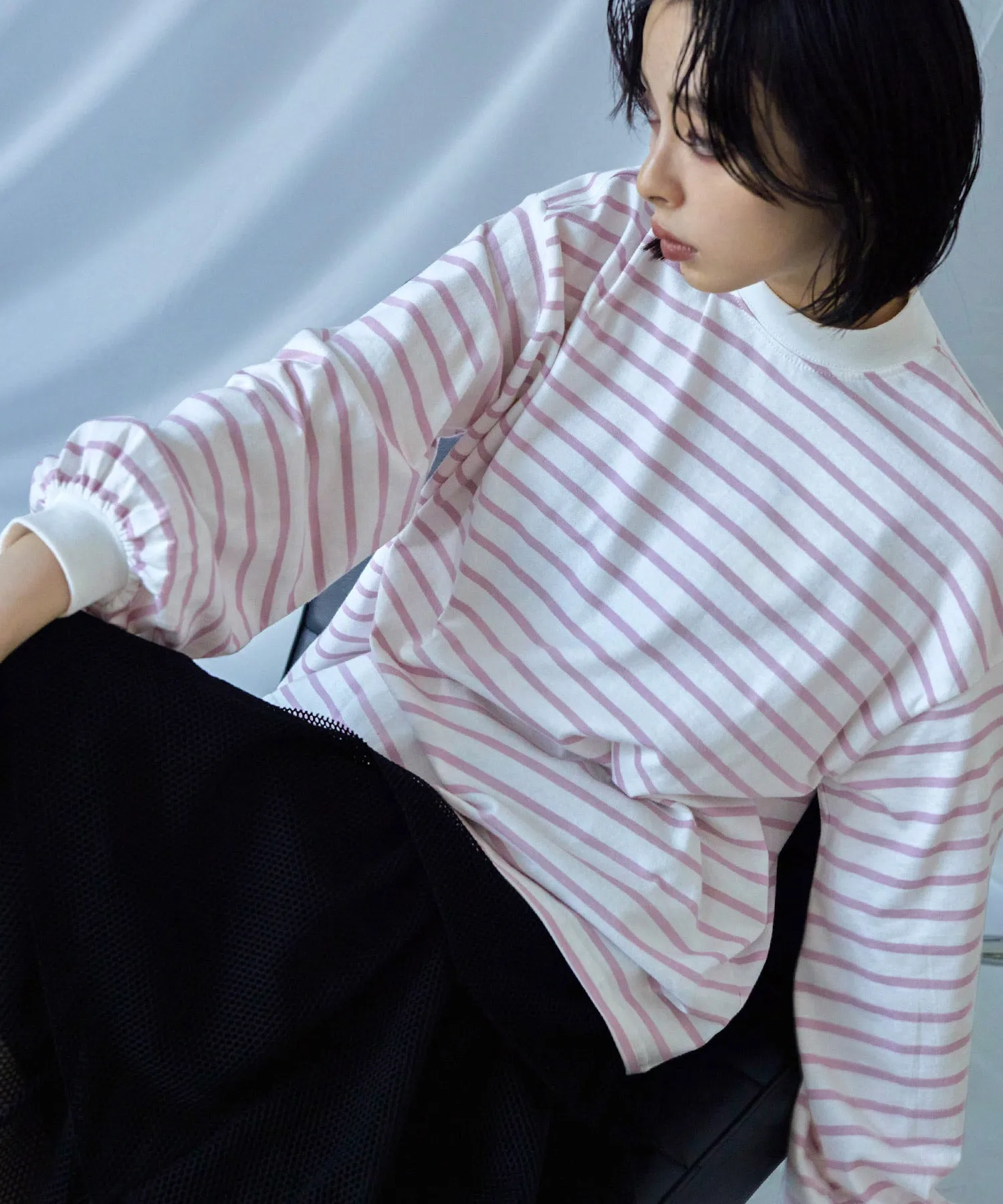 Mock Neck Volume Sleeve Striped Tops