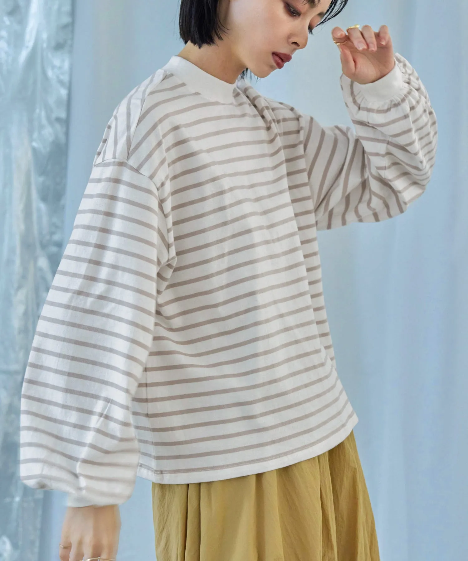Mock Neck Volume Sleeve Striped Tops