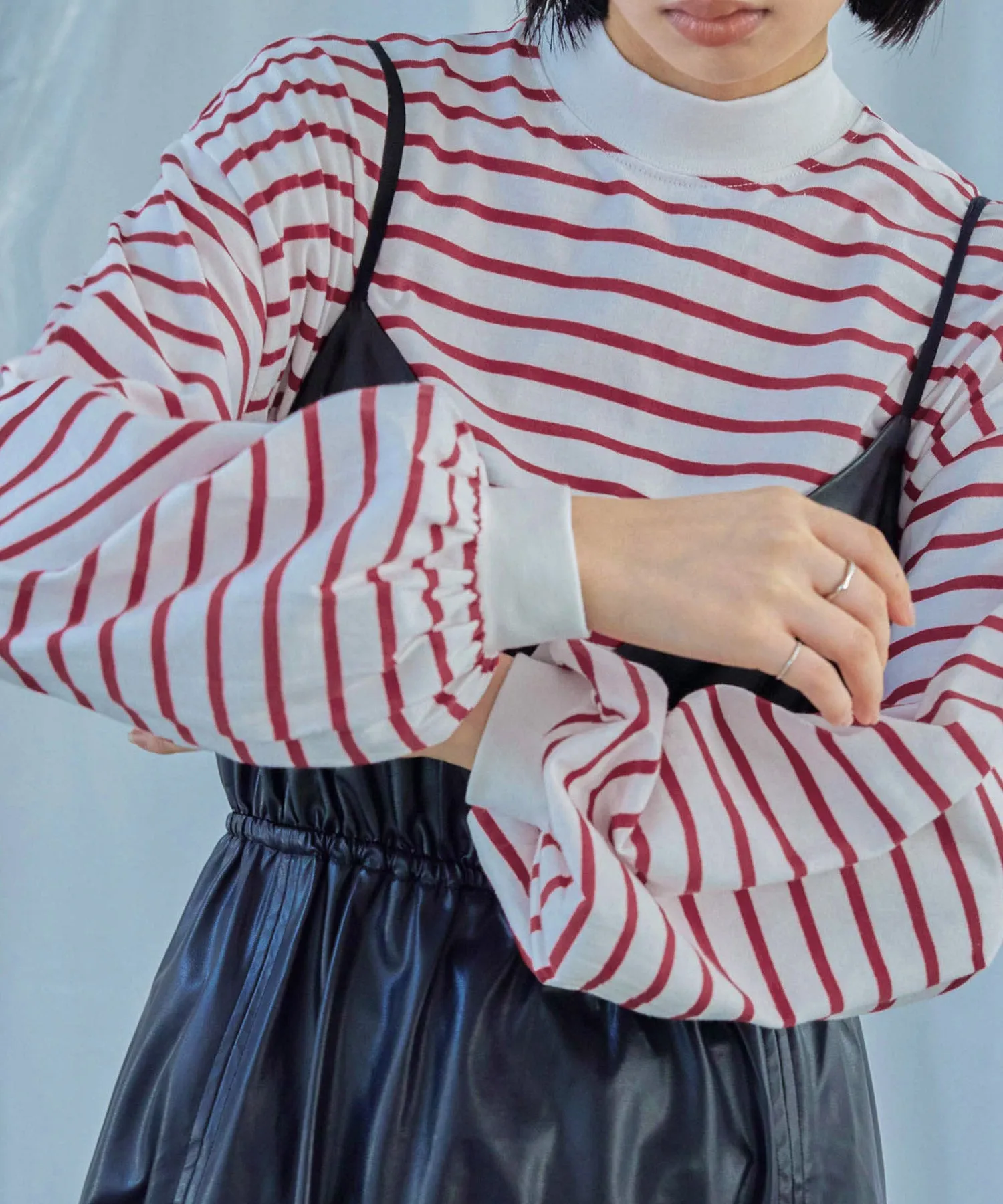 Mock Neck Volume Sleeve Striped Tops