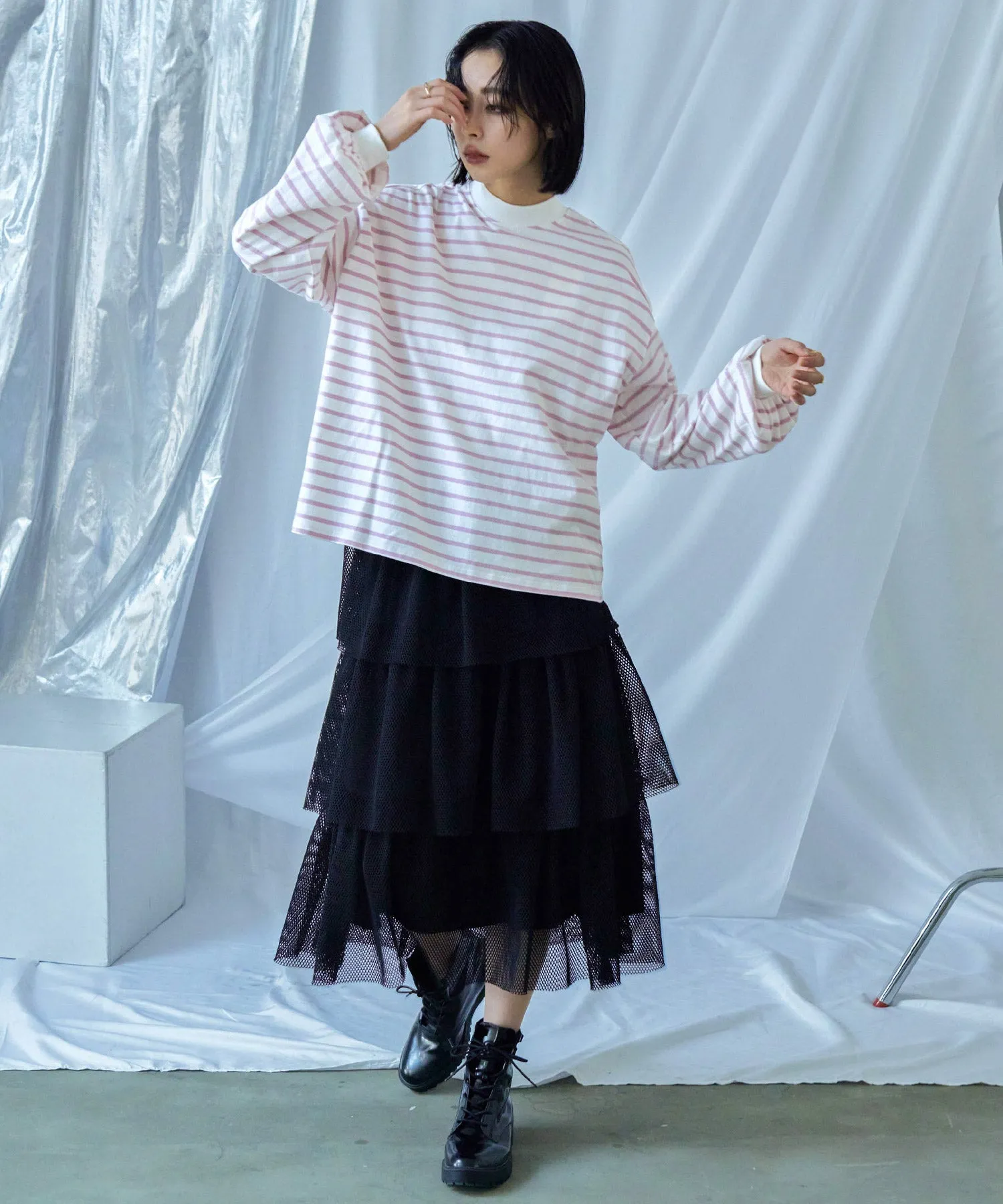 Mock Neck Volume Sleeve Striped Tops