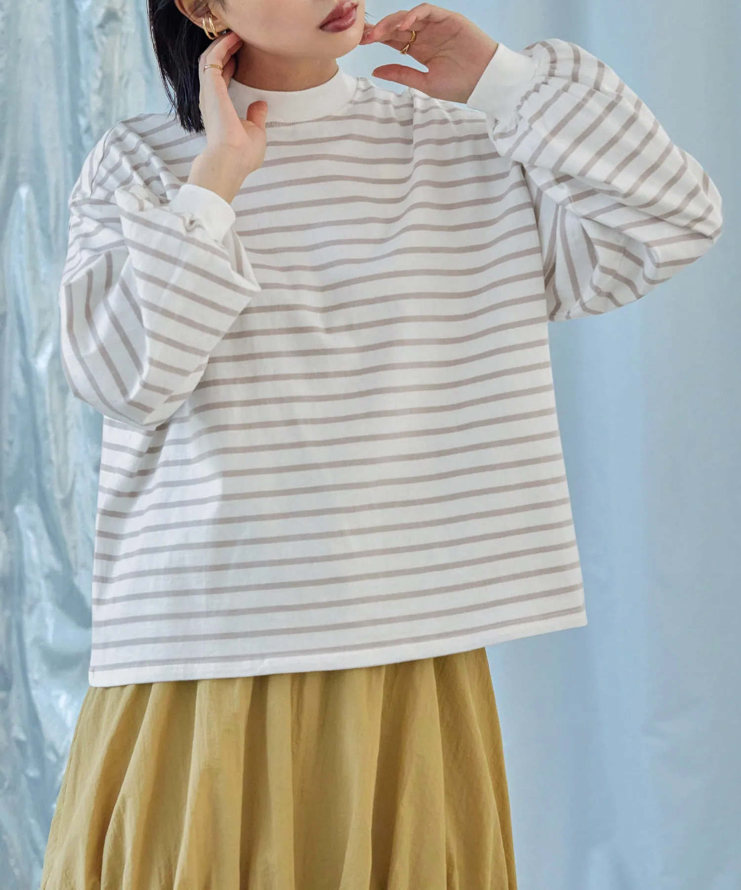 Mock Neck Volume Sleeve Striped Tops