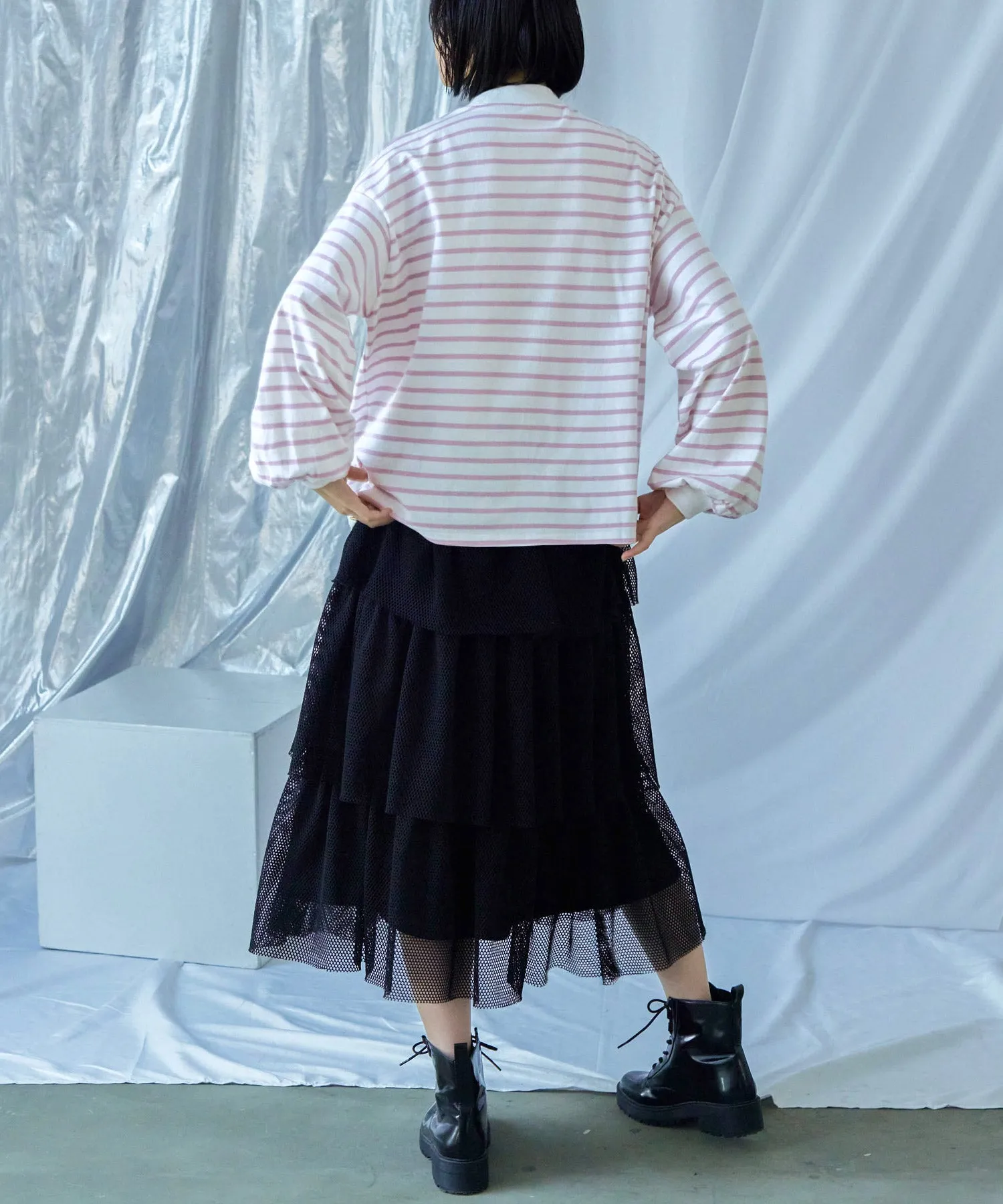 Mock Neck Volume Sleeve Striped Tops