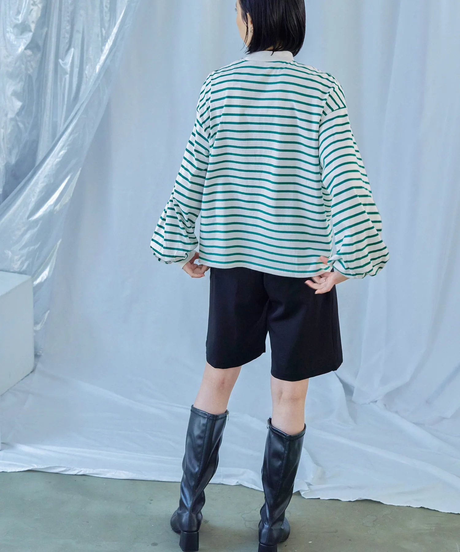 Mock Neck Volume Sleeve Striped Tops