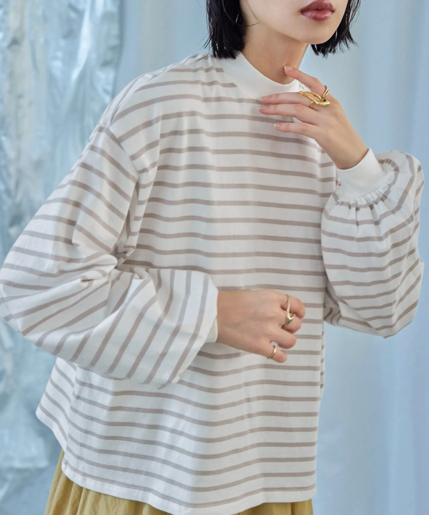 Mock Neck Volume Sleeve Striped Tops