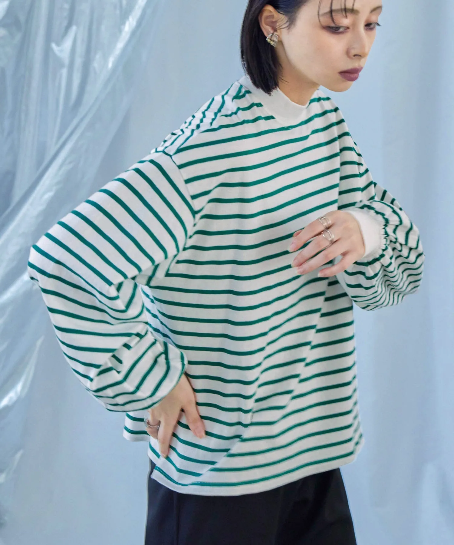 Mock Neck Volume Sleeve Striped Tops