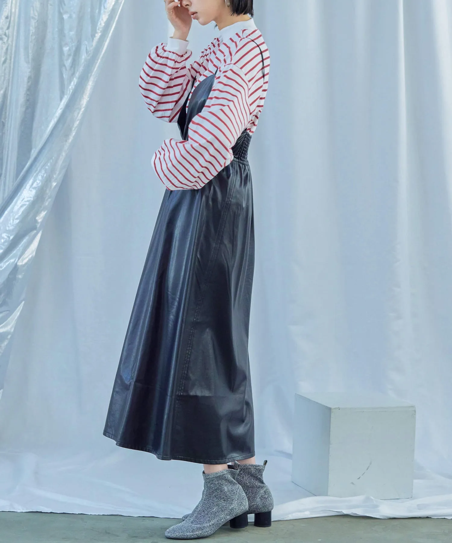 Mock Neck Volume Sleeve Striped Tops