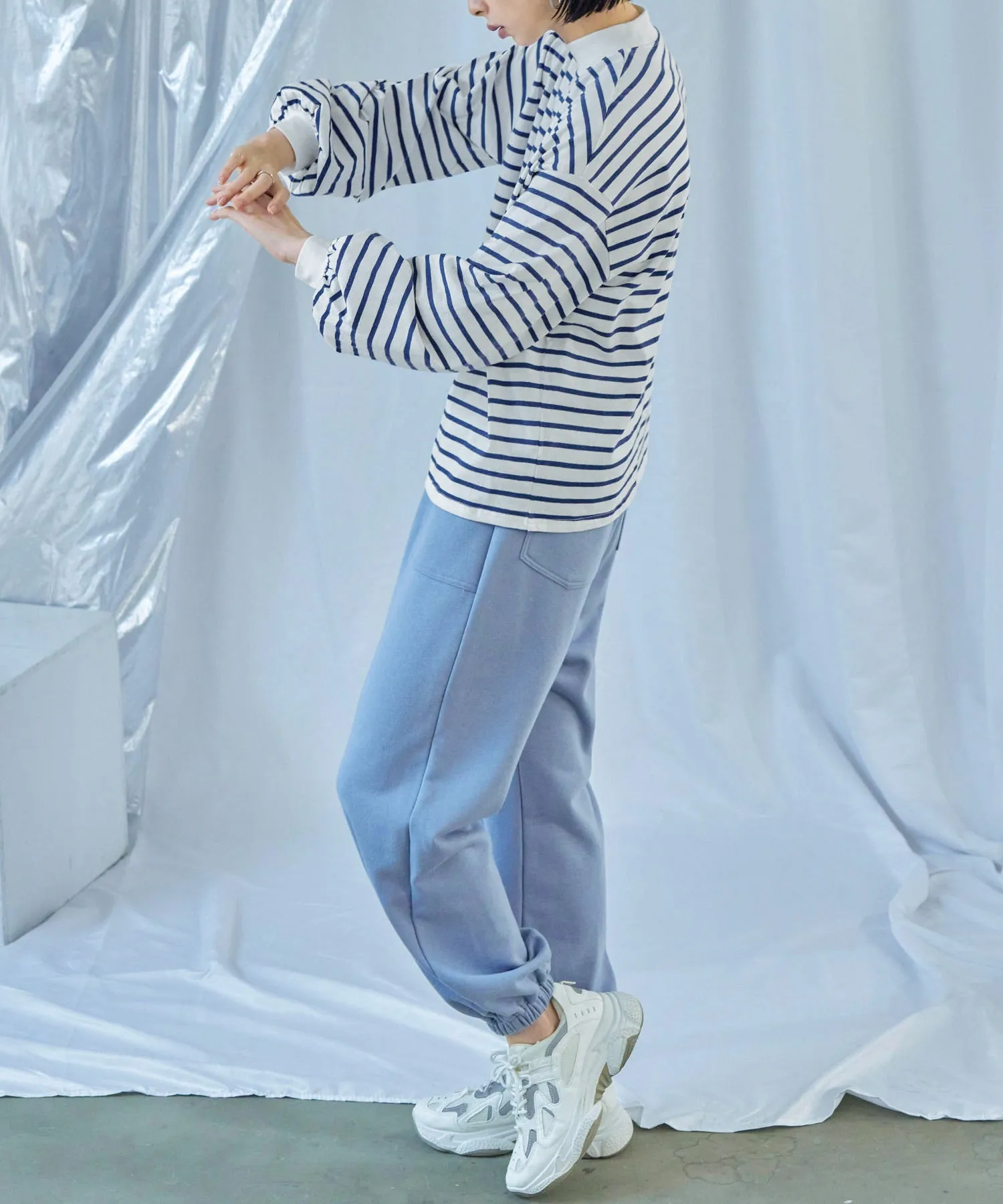 Mock Neck Volume Sleeve Striped Tops
