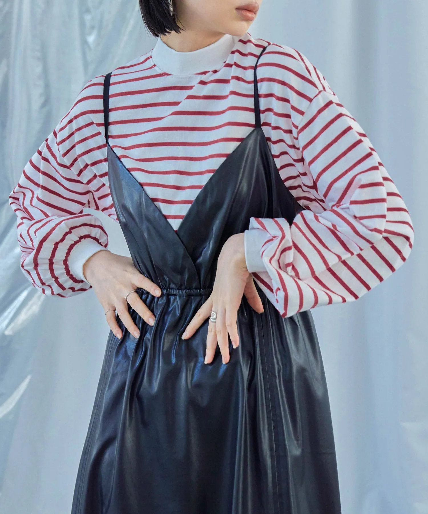 Mock Neck Volume Sleeve Striped Tops