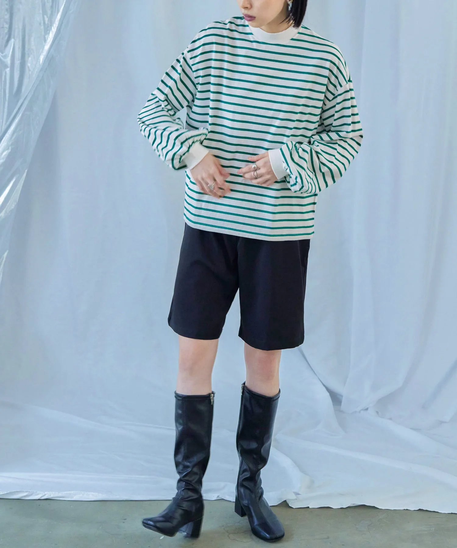 Mock Neck Volume Sleeve Striped Tops