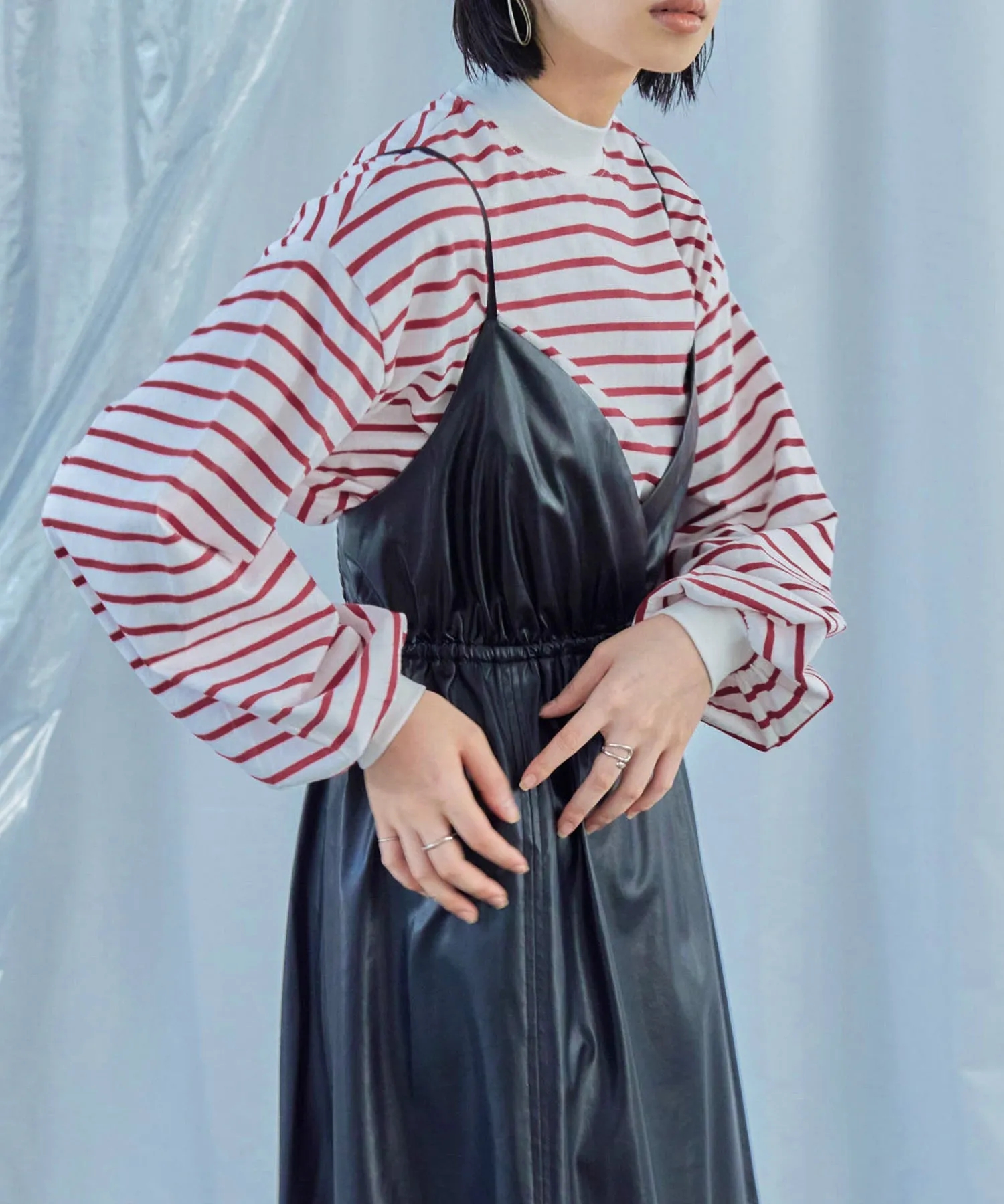 Mock Neck Volume Sleeve Striped Tops