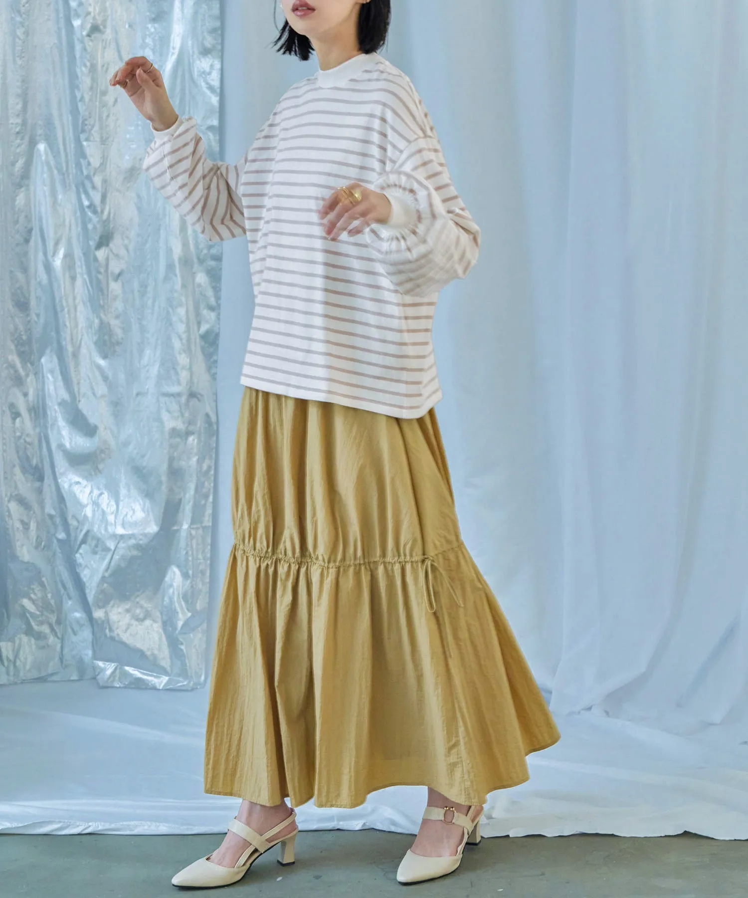 Mock Neck Volume Sleeve Striped Tops