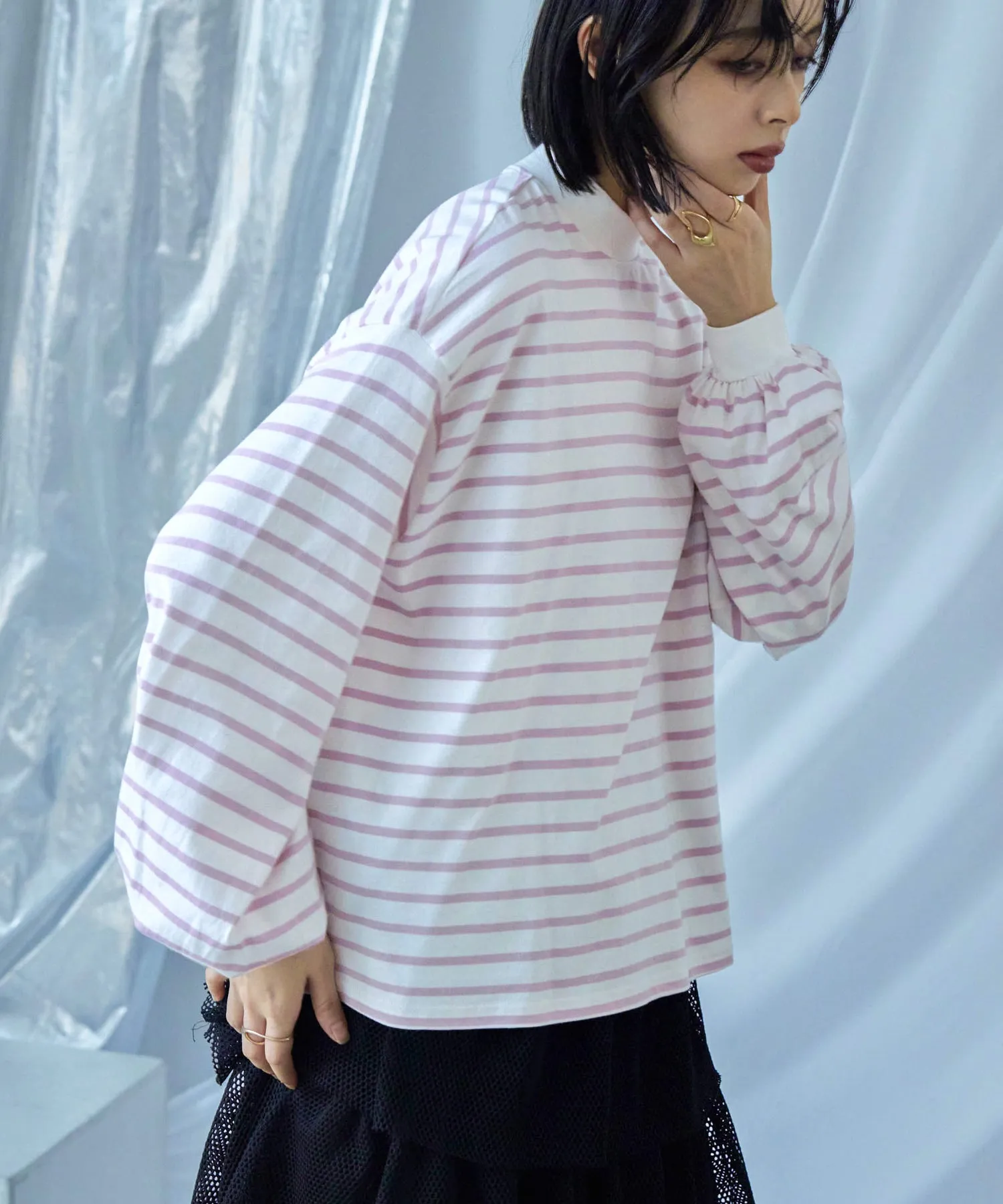 Mock Neck Volume Sleeve Striped Tops