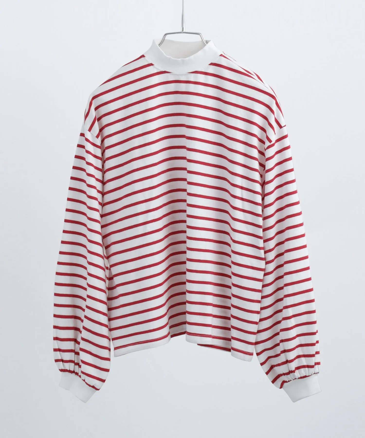Mock Neck Volume Sleeve Striped Tops