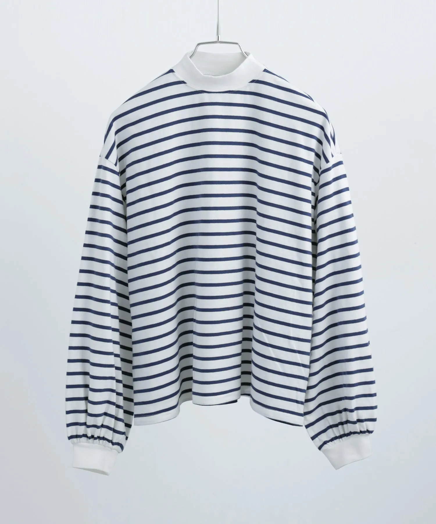 Mock Neck Volume Sleeve Striped Tops