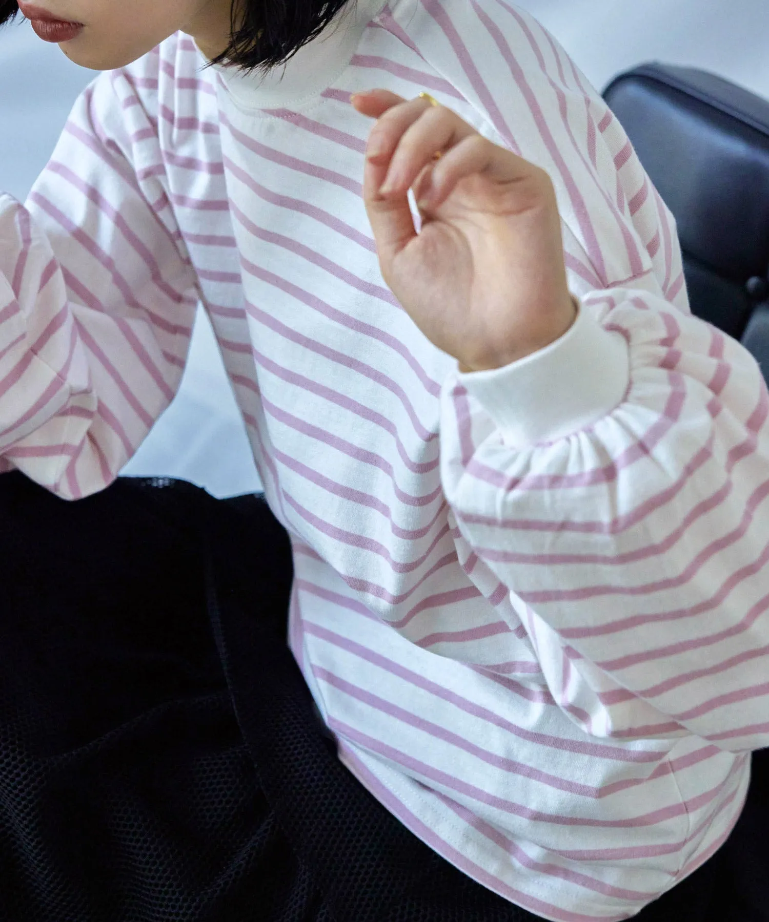 Mock Neck Volume Sleeve Striped Tops