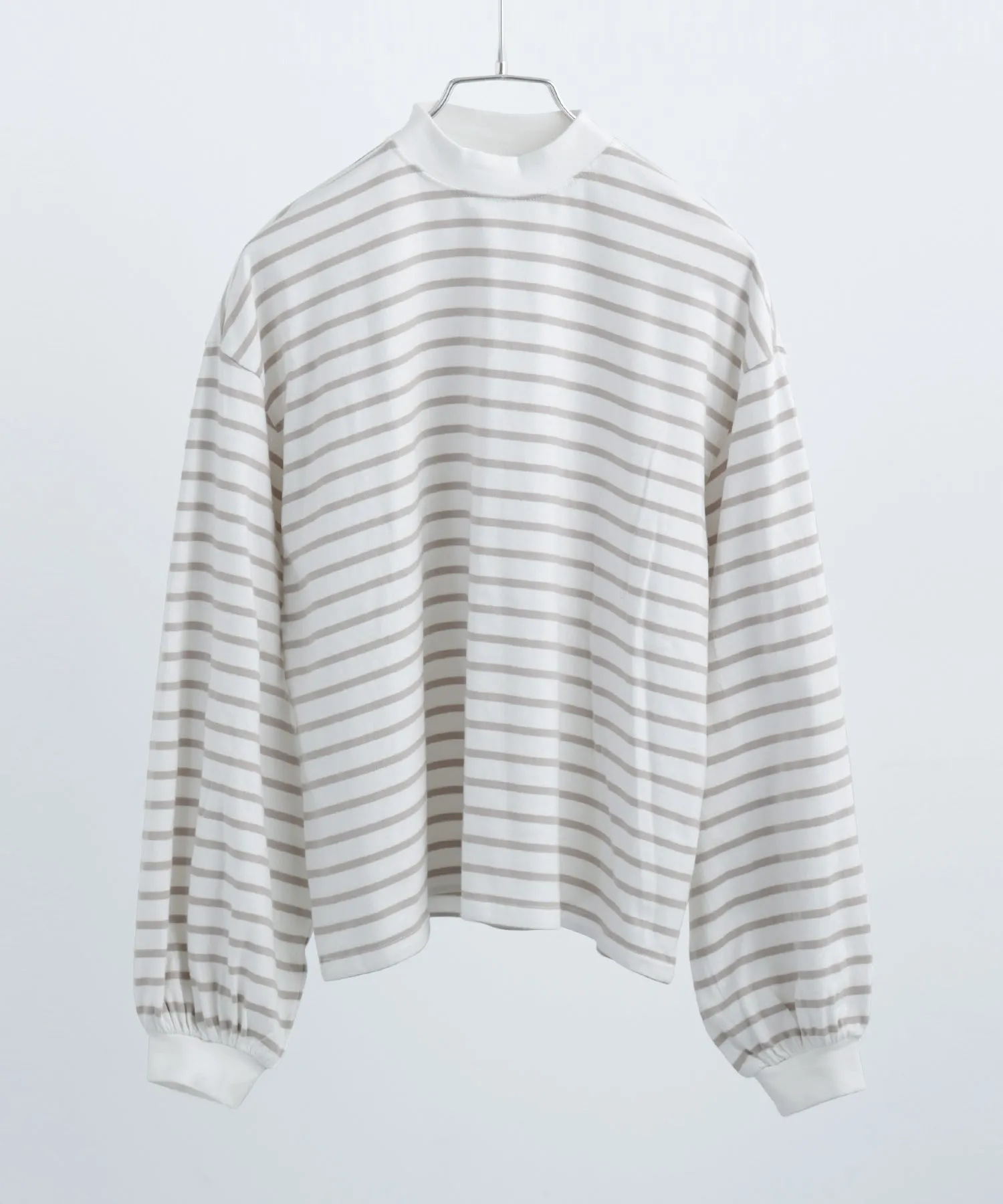 Mock Neck Volume Sleeve Striped Tops