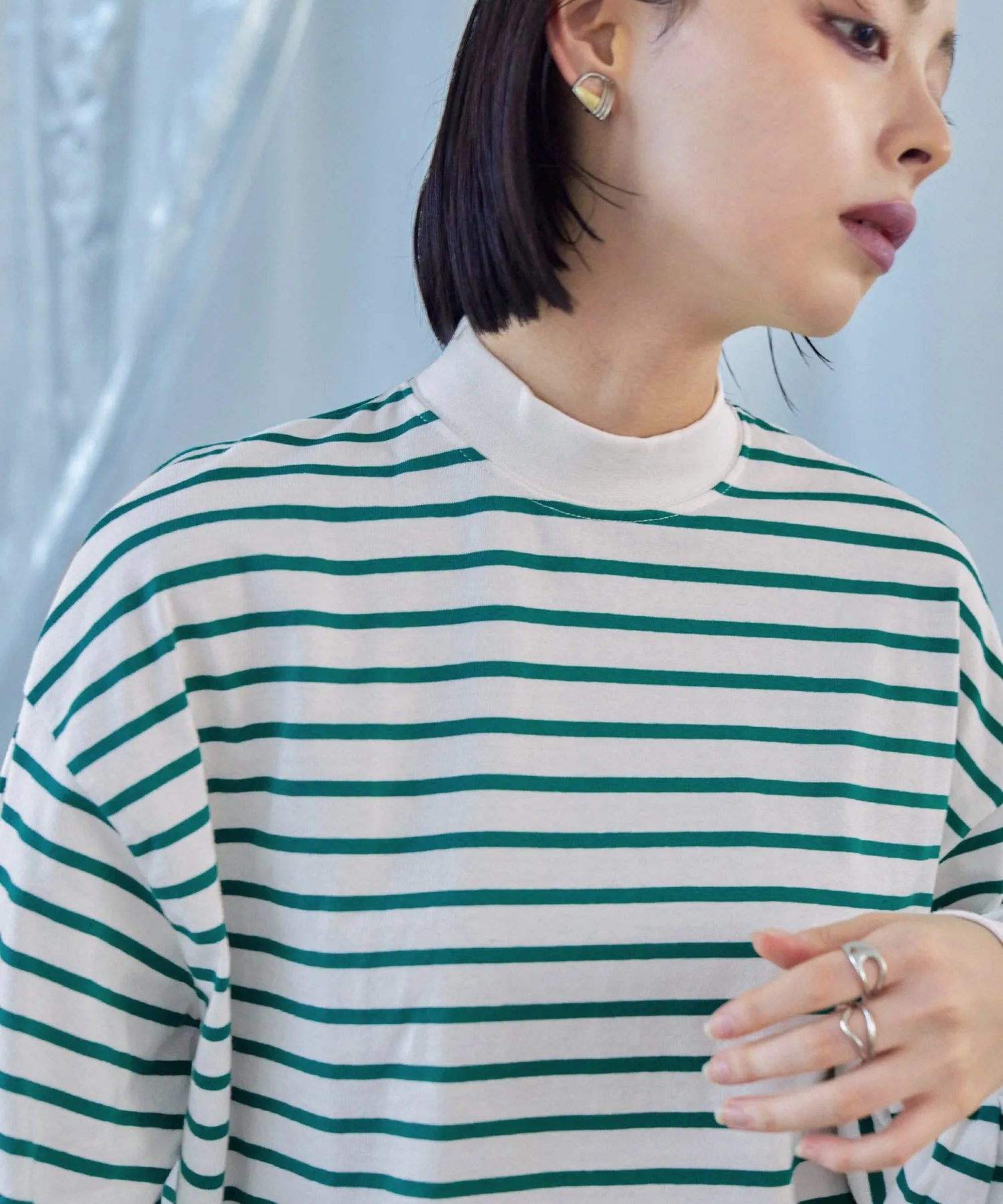 Mock Neck Volume Sleeve Striped Tops