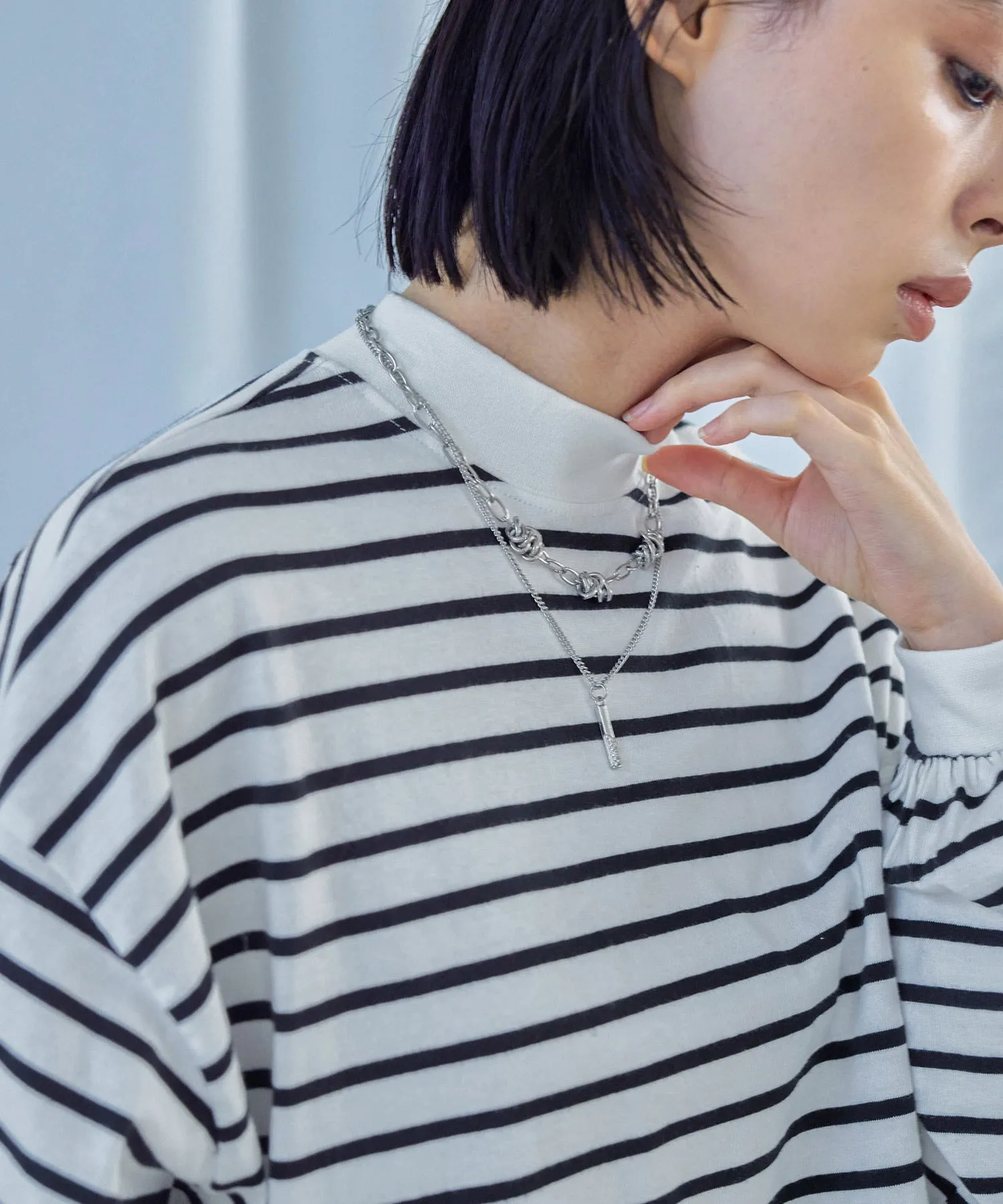 Mock Neck Volume Sleeve Striped Tops