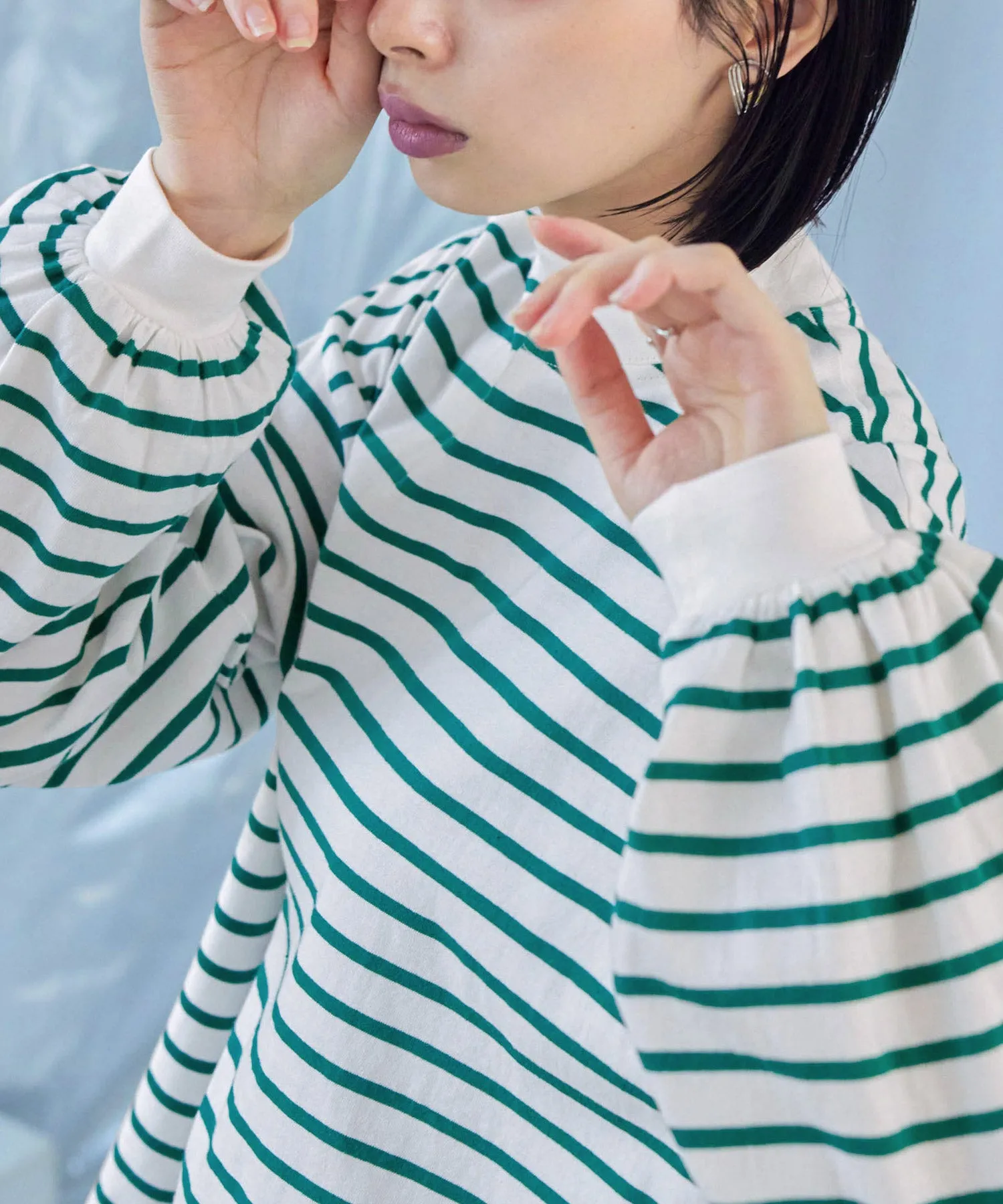 Mock Neck Volume Sleeve Striped Tops