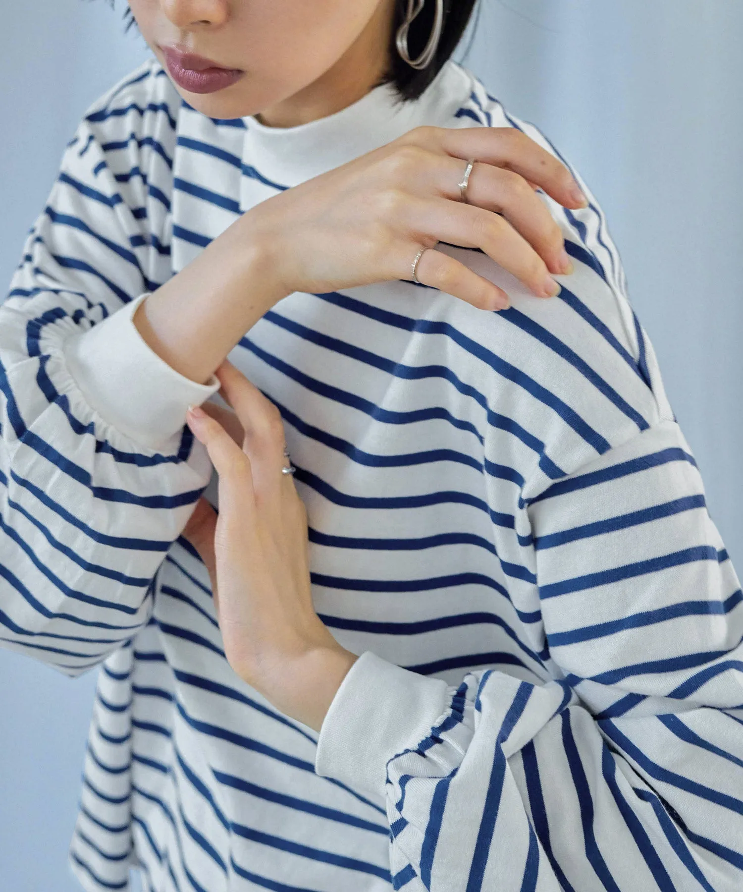 Mock Neck Volume Sleeve Striped Tops