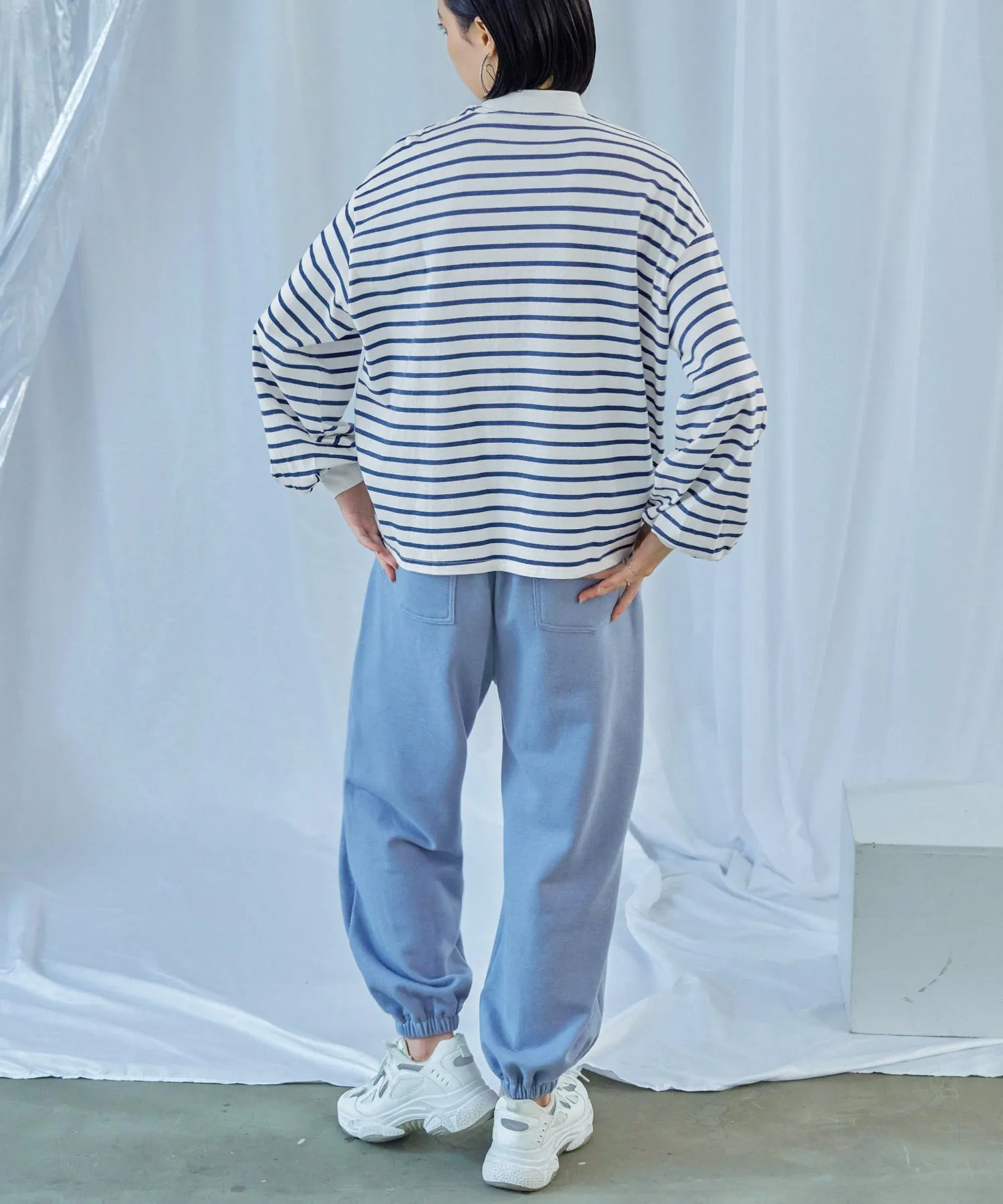 Mock Neck Volume Sleeve Striped Tops