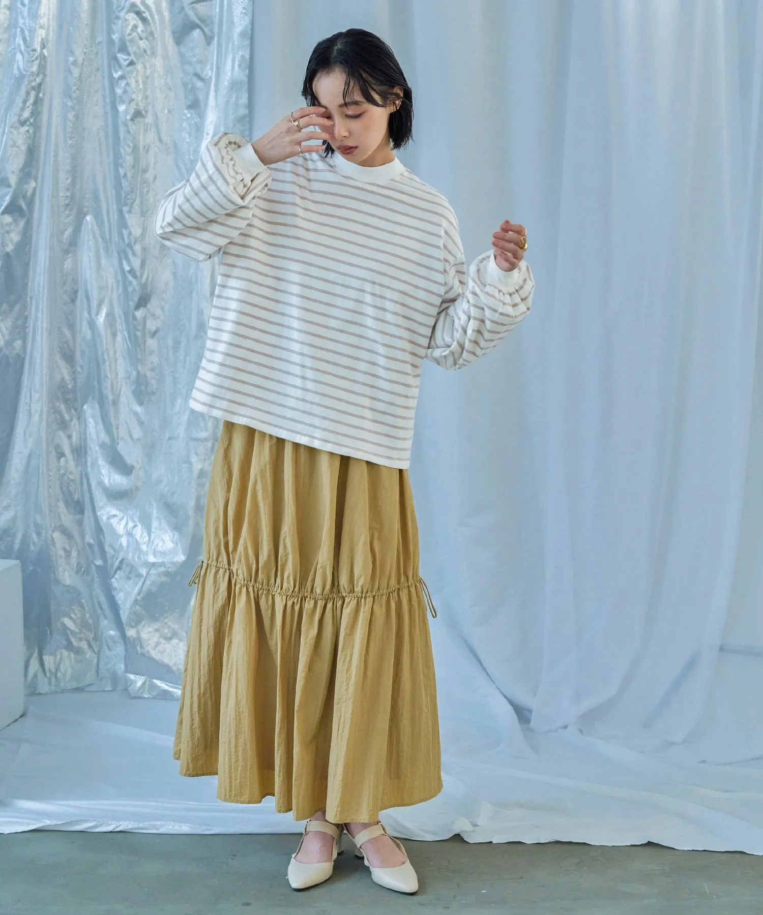 Mock Neck Volume Sleeve Striped Tops