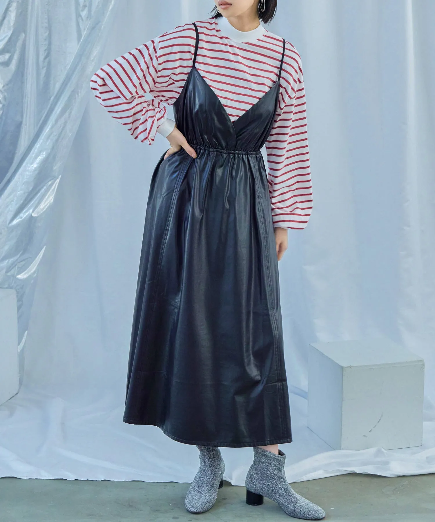 Mock Neck Volume Sleeve Striped Tops