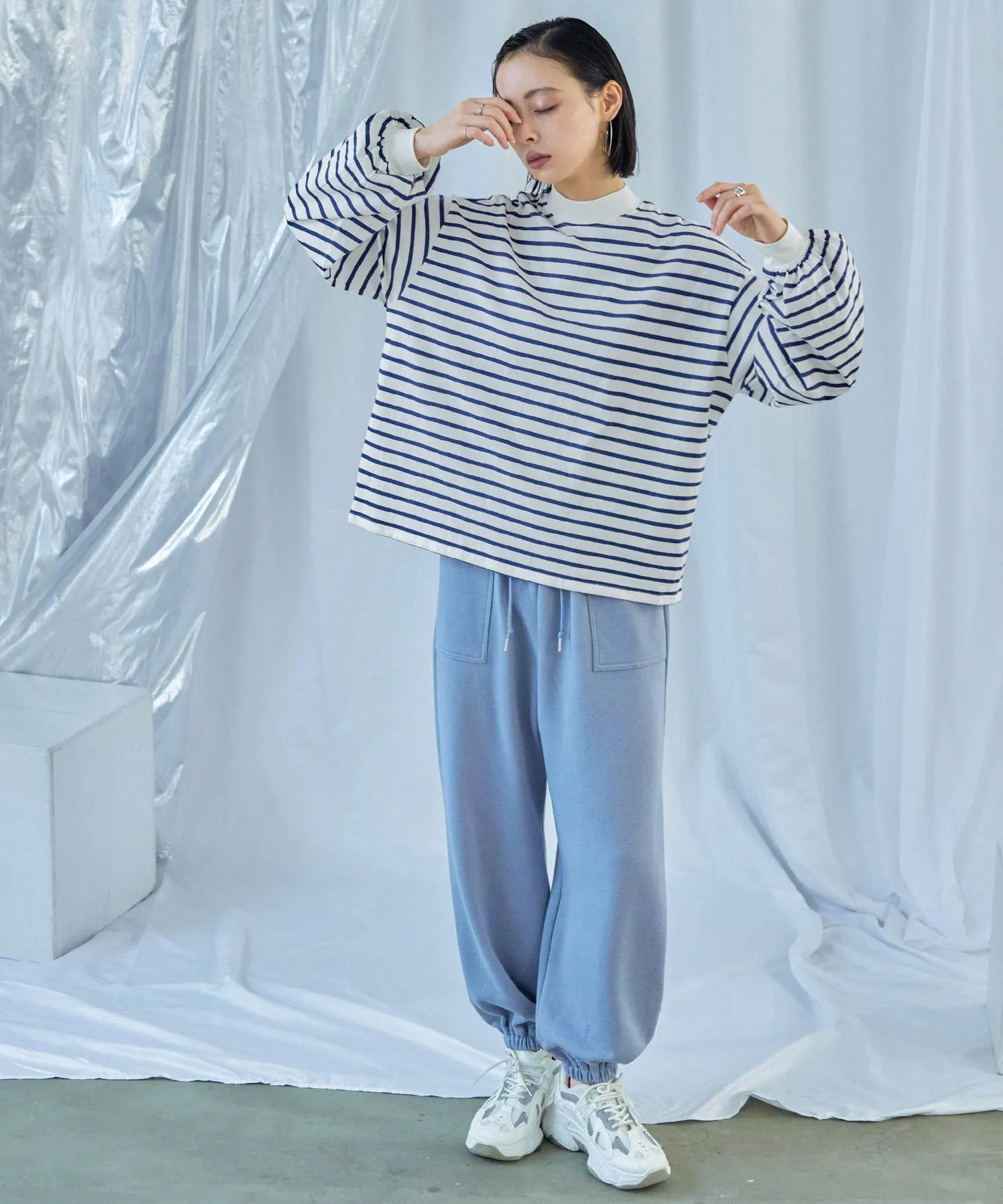 Mock Neck Volume Sleeve Striped Tops