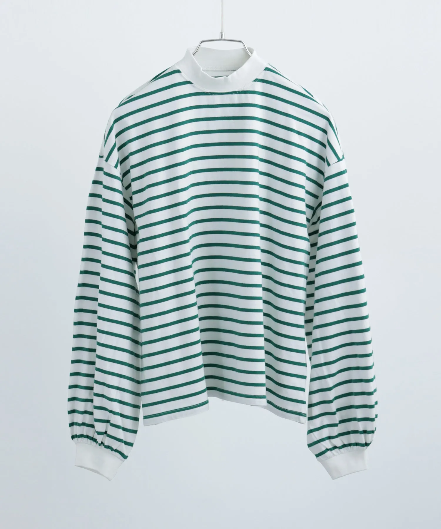 Mock Neck Volume Sleeve Striped Tops