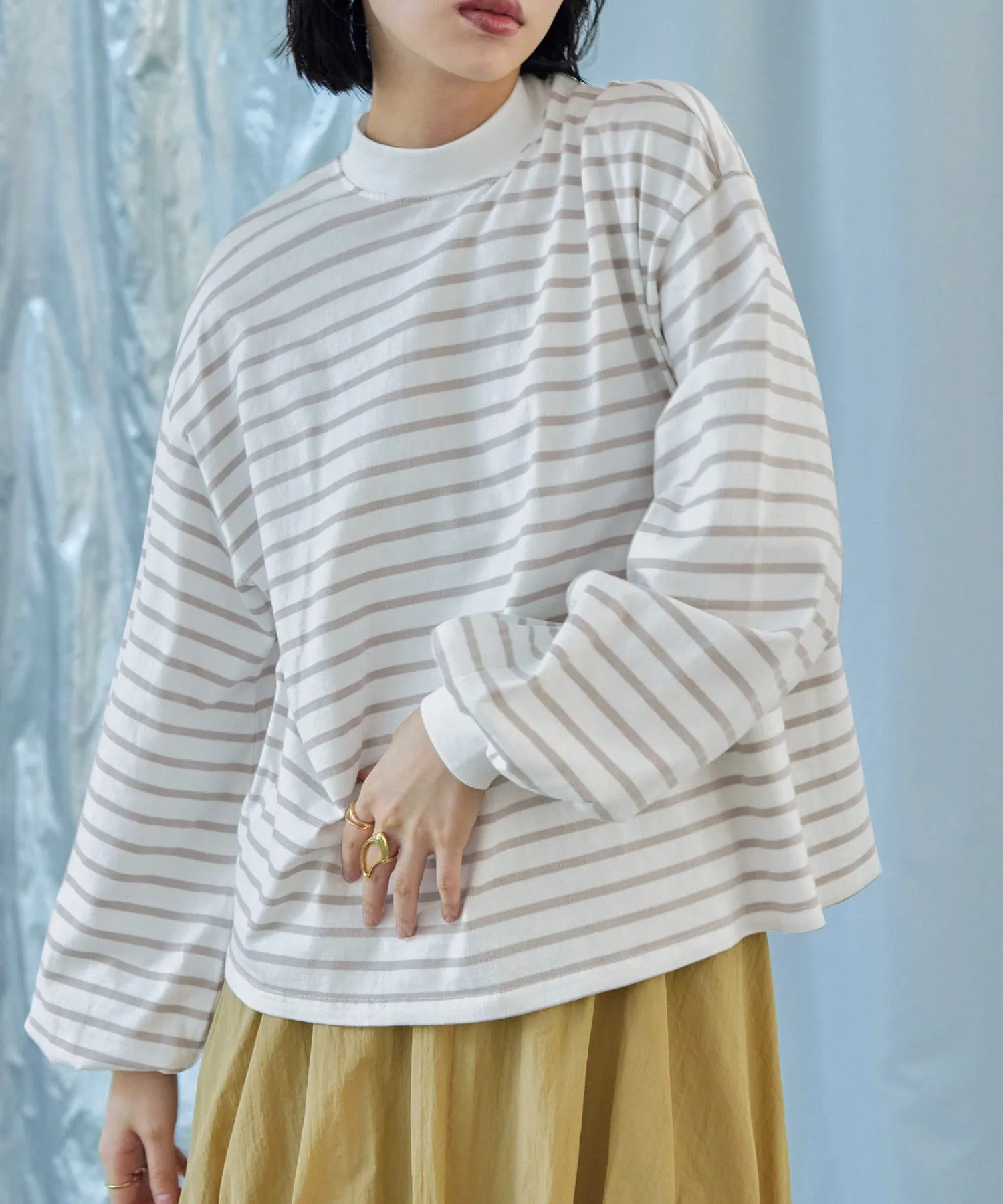 Mock Neck Volume Sleeve Striped Tops