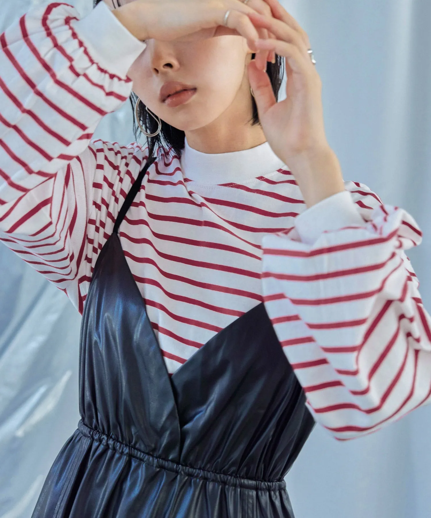 Mock Neck Volume Sleeve Striped Tops