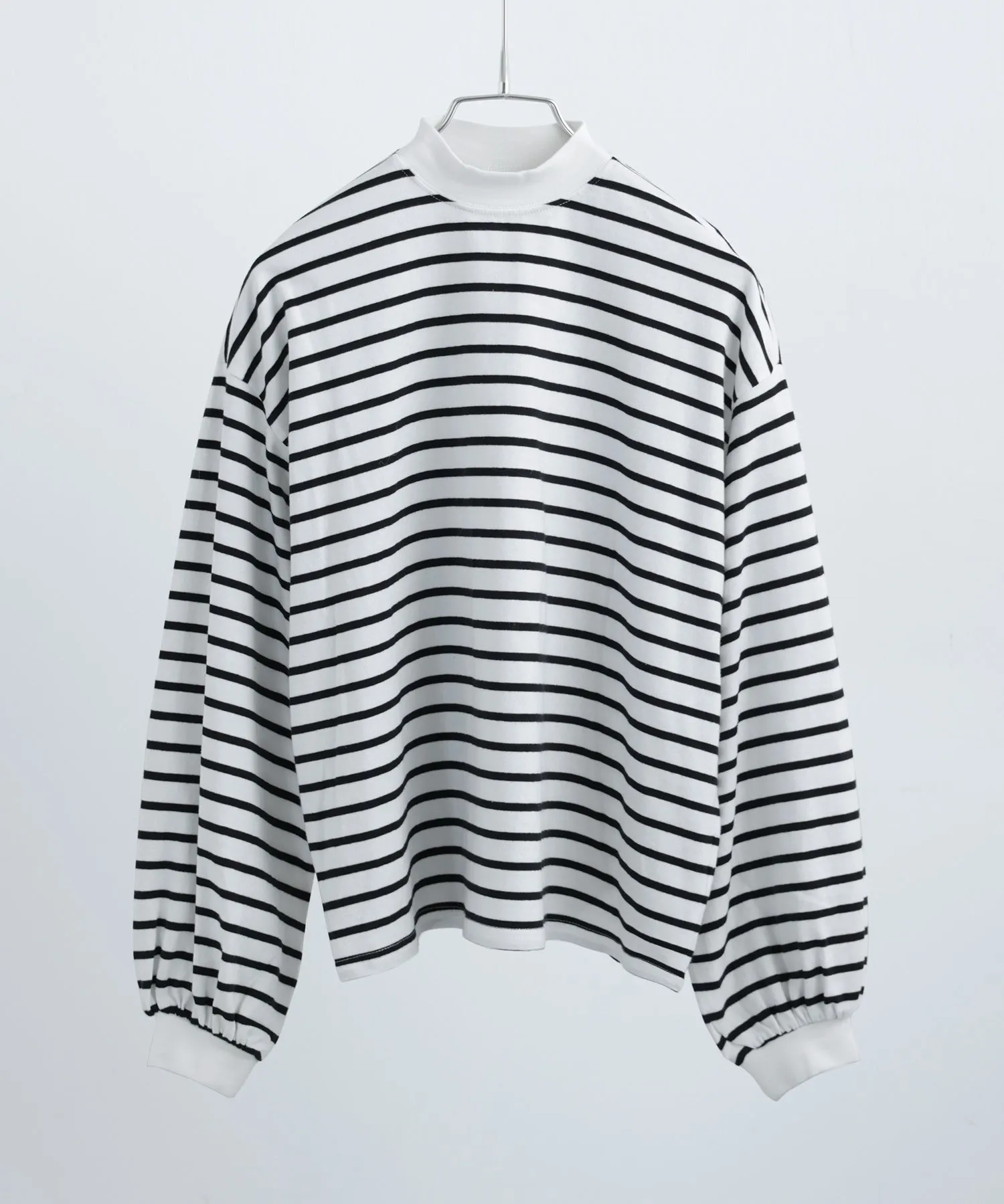 Mock Neck Volume Sleeve Striped Tops