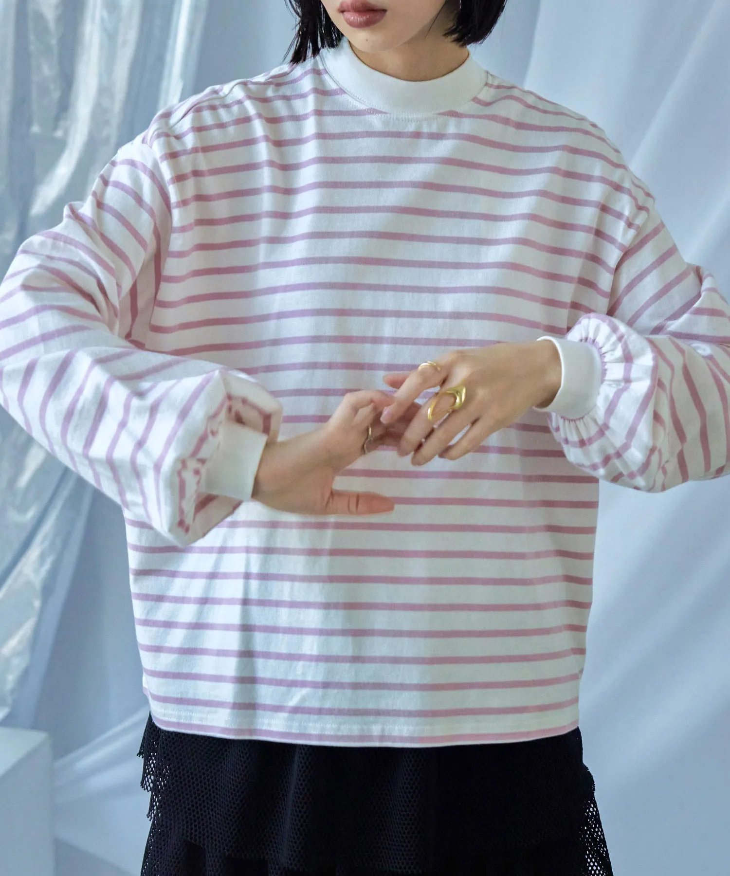 Mock Neck Volume Sleeve Striped Tops