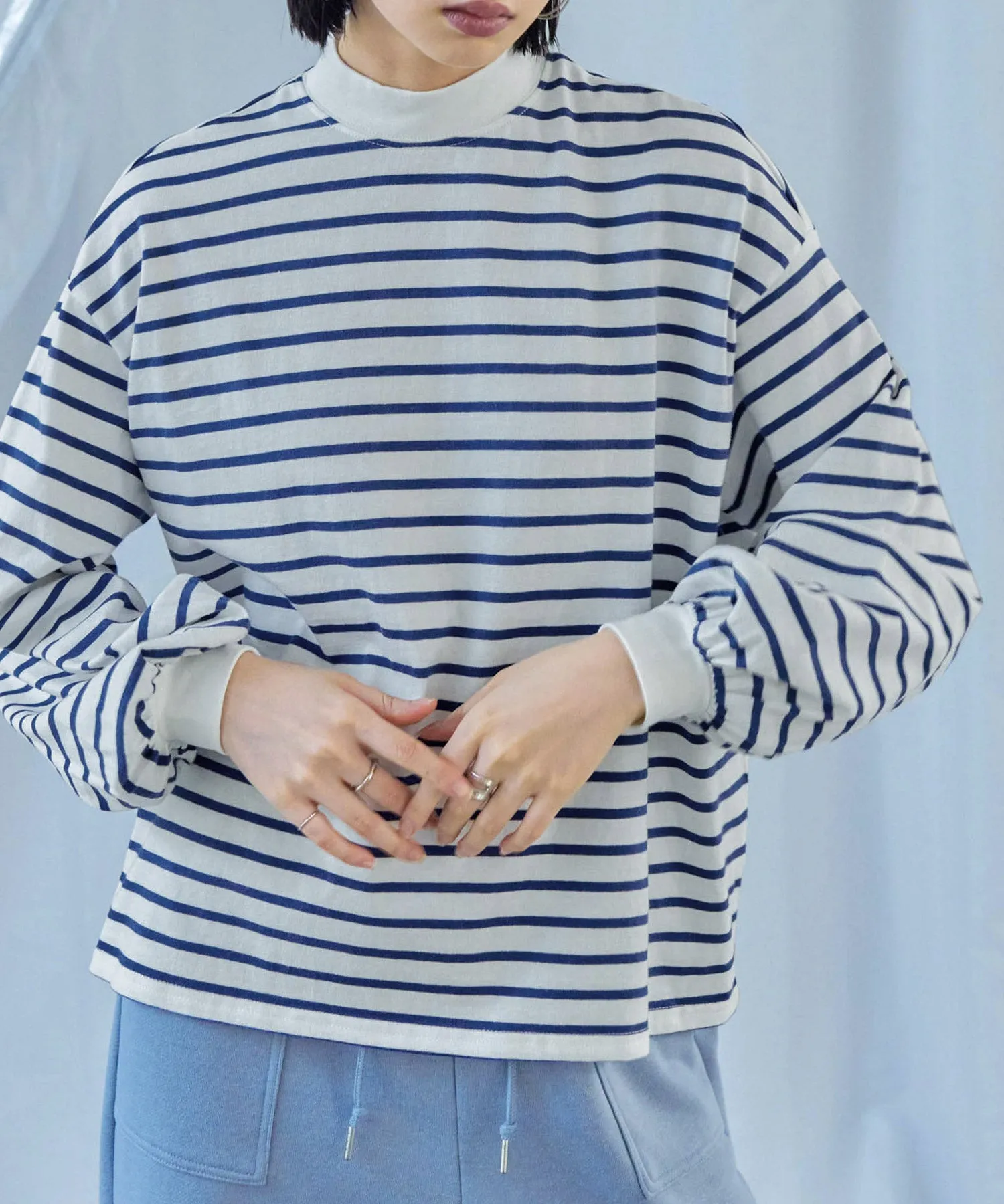 Mock Neck Volume Sleeve Striped Tops
